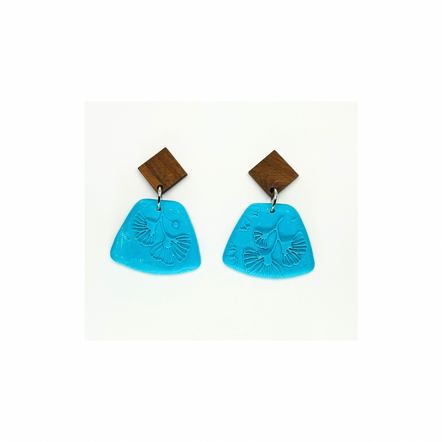 Turquoise Blue Leaf with Wood Stud Dangle Earring - Unique Design Earrings Featuring Leaf Motif and Wooden Accent