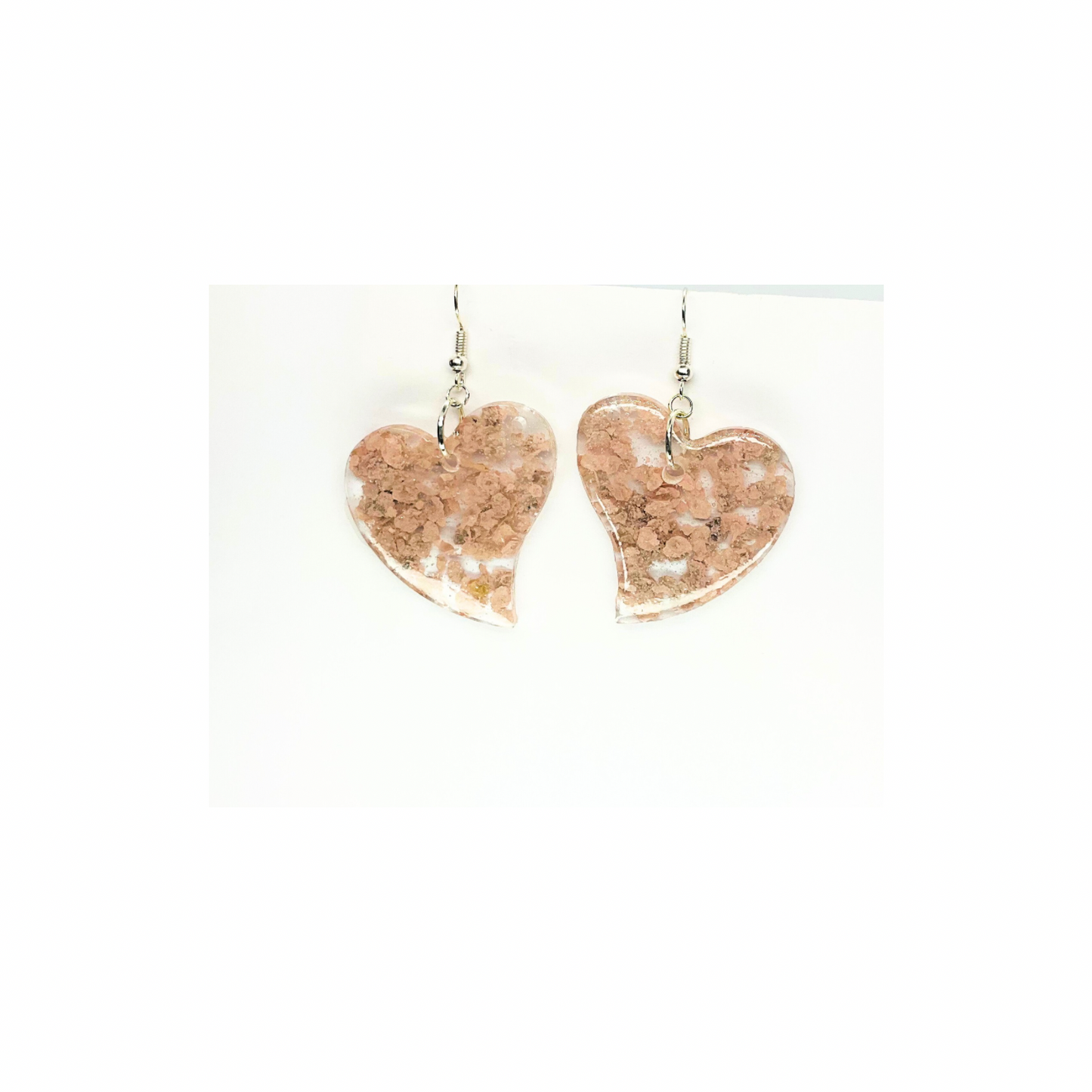 Handmade Light Pink Heart Earrings Clear Resin & Flakes Dangle Style Silver Hook Unique Handcrafted Jewelry