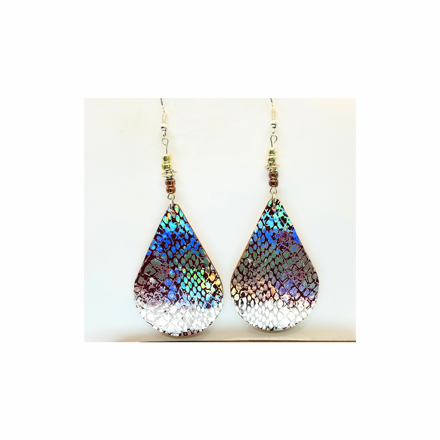 Silver and Brown Snake Skin Lightweight Wood Dangle Earrings