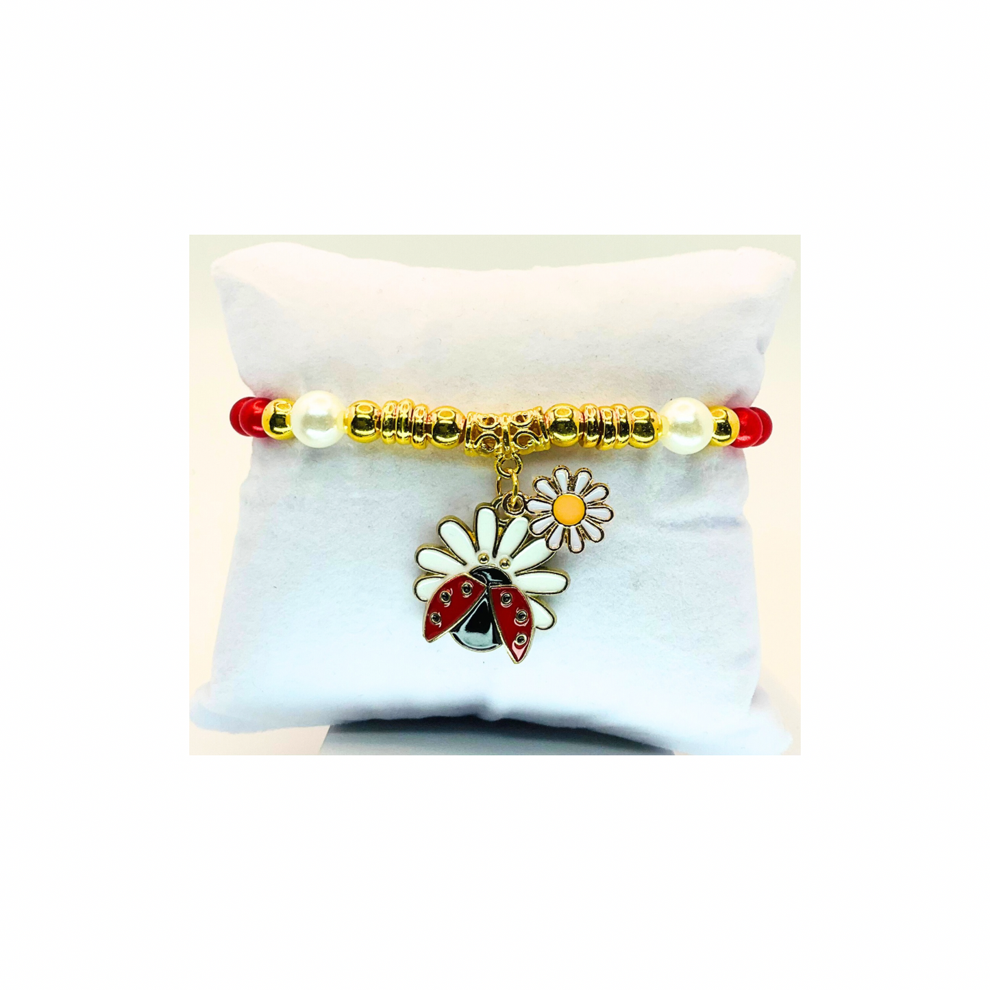 Red and Pearl Beaded Stretch Bracelet with Ladybug charm-Crafting By BB