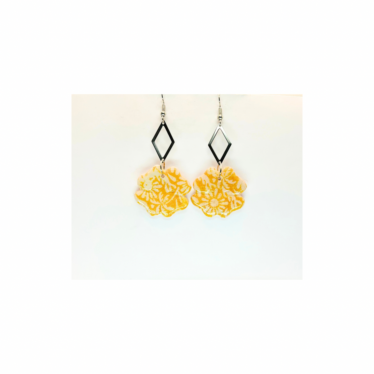 Beach Bloom Collection Yellow Four Corner Flower Dangle with Silver Diamond Embellishment Earrings
