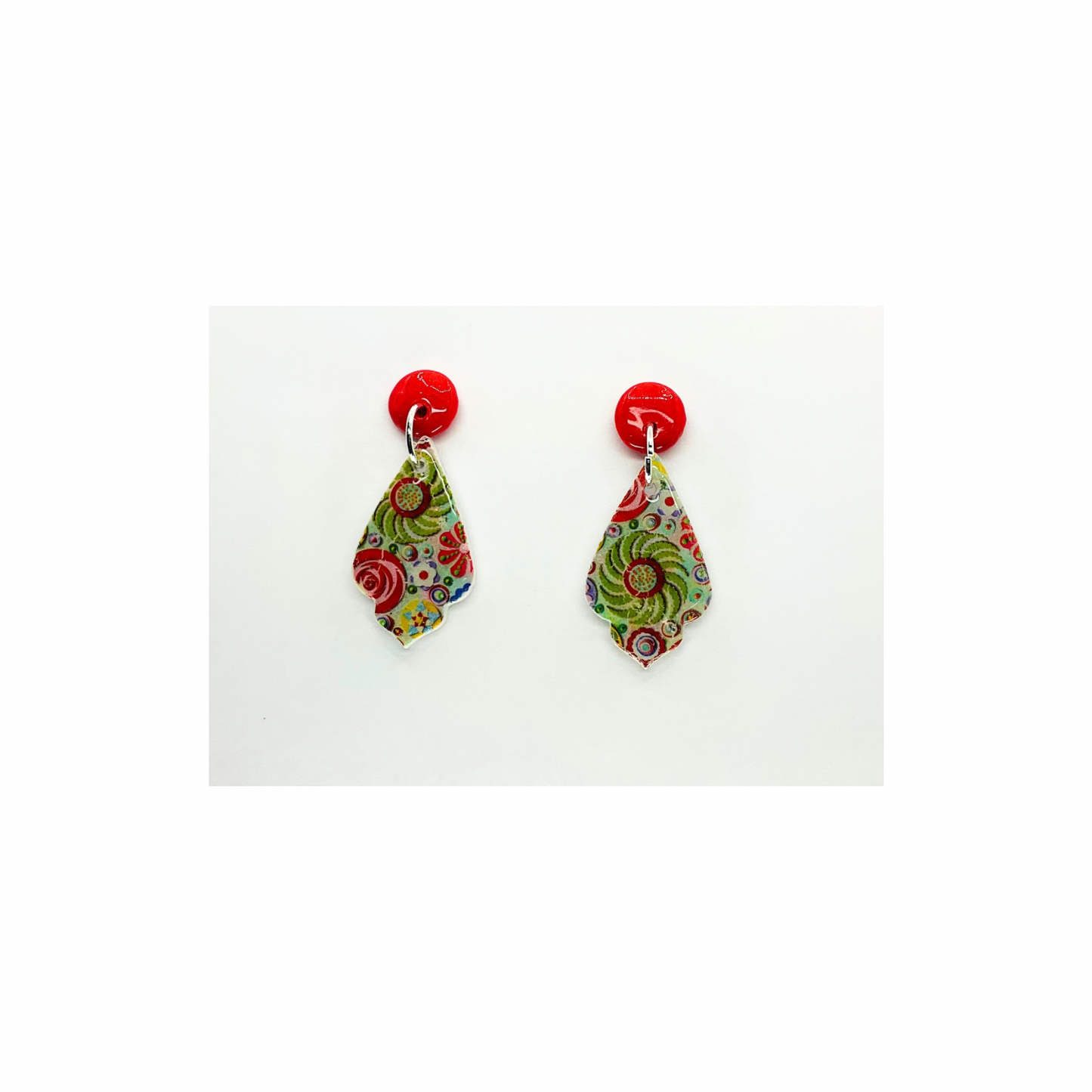 Whimsical Red and Green Teardrop with Red Button Stud Dangle Earrings for Festive Outfits