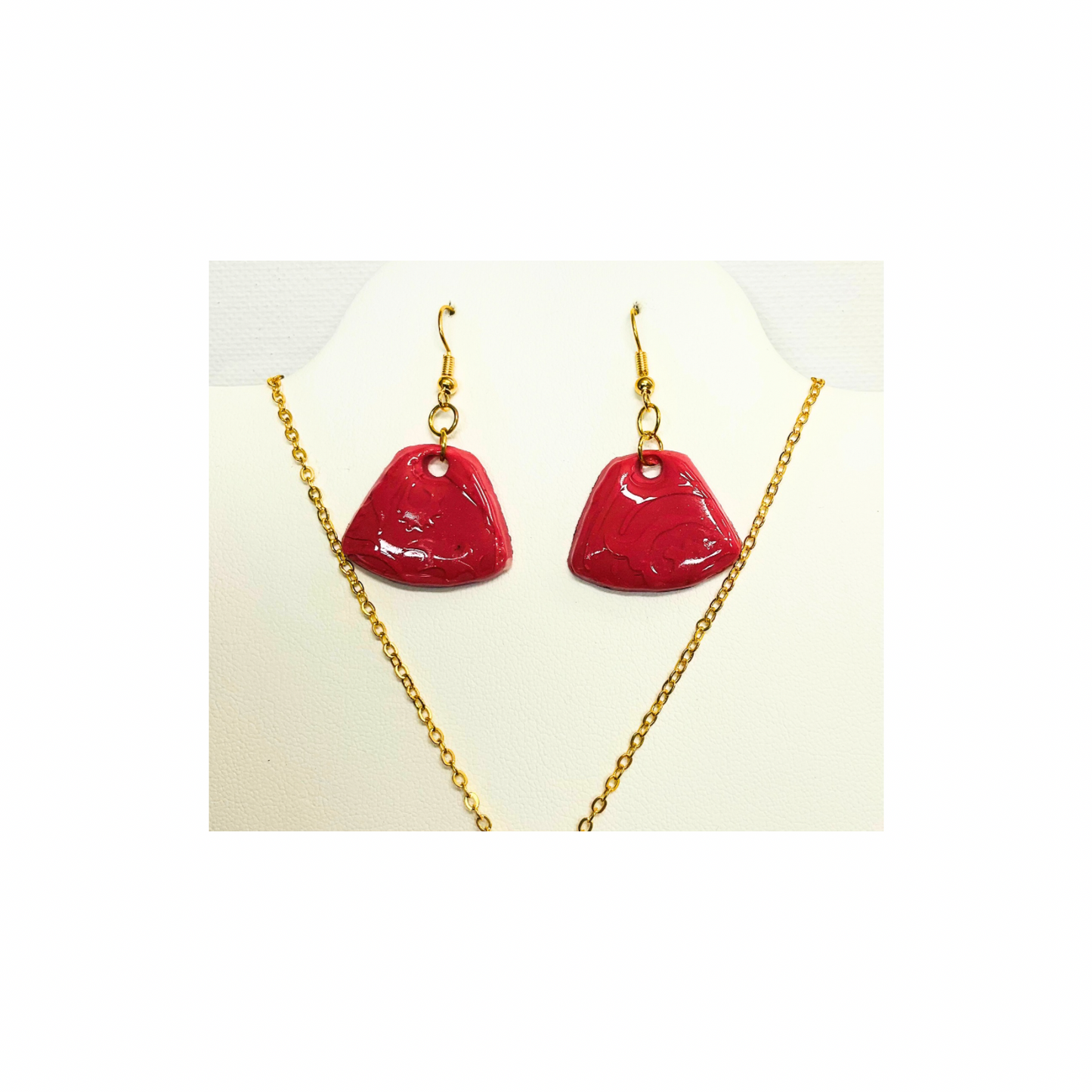 Pink Brick Jewelry Set  Dragonfly Charm Pendant & Gold Chain Earrings Unique One-of-a-Kind Design