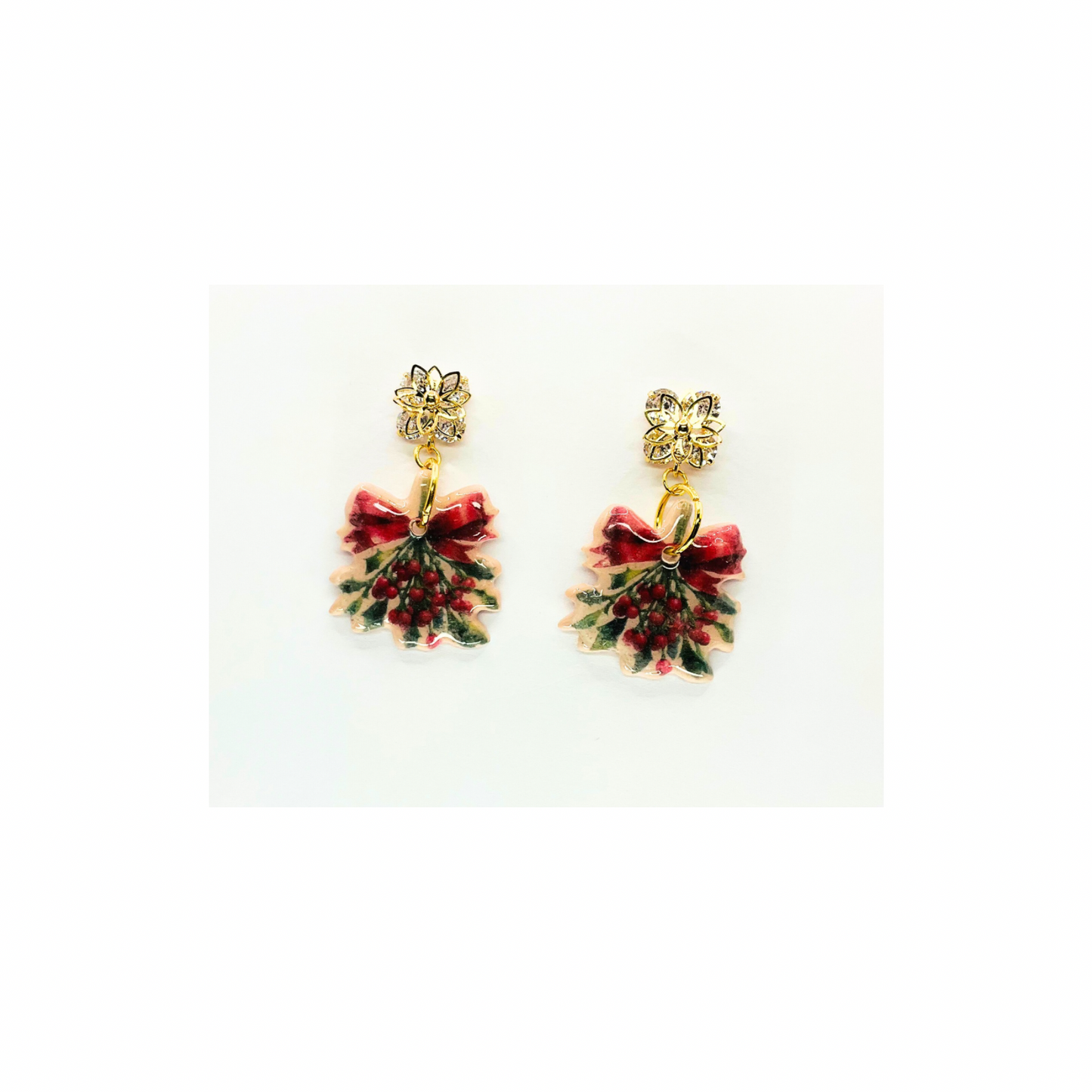 Christmas Holly Leaf with Rhinestone Star Dangle Earrings Festive Holiday Jewelry for Women