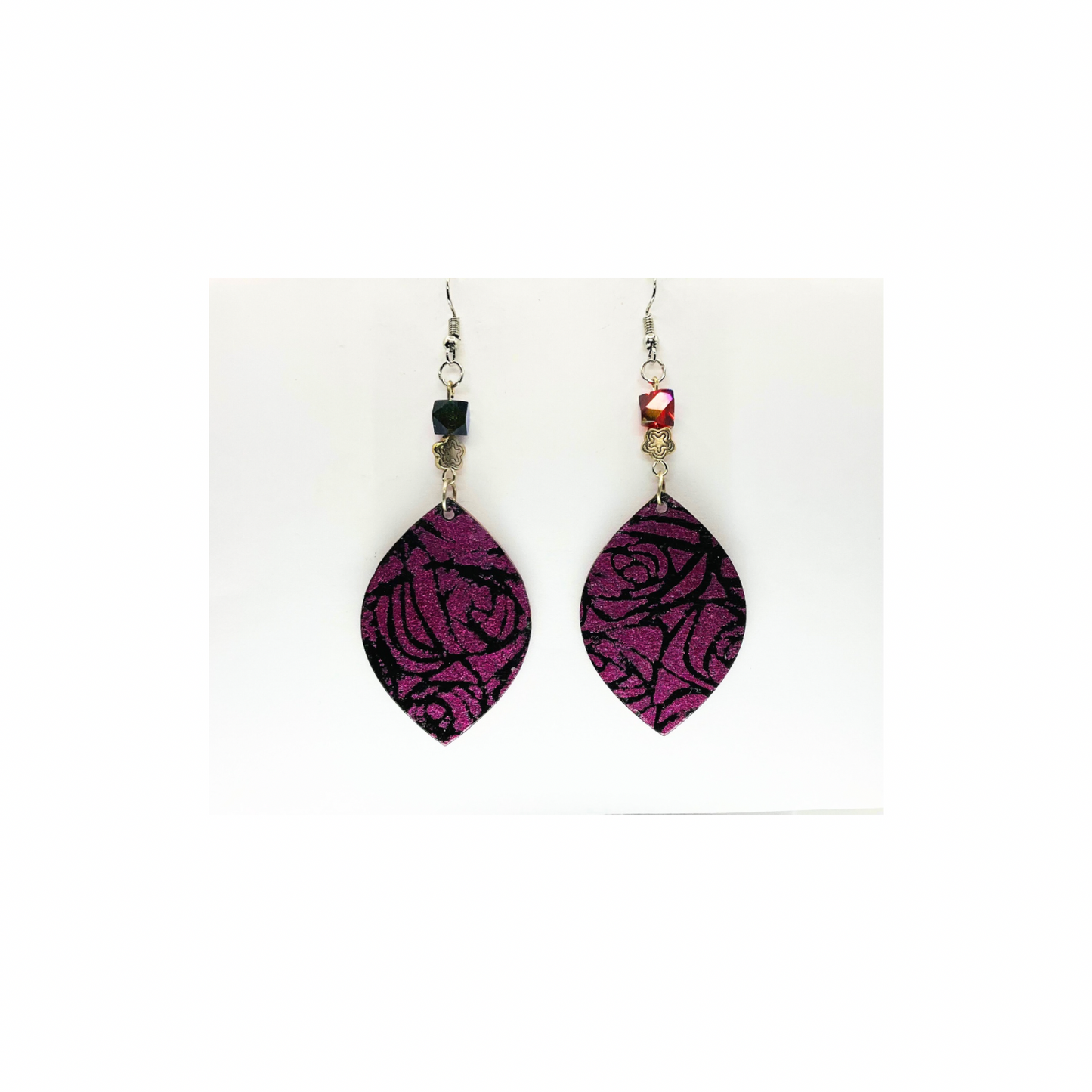 Iridescent Fuchsia Rose Dangle Earrings with Silver Flower