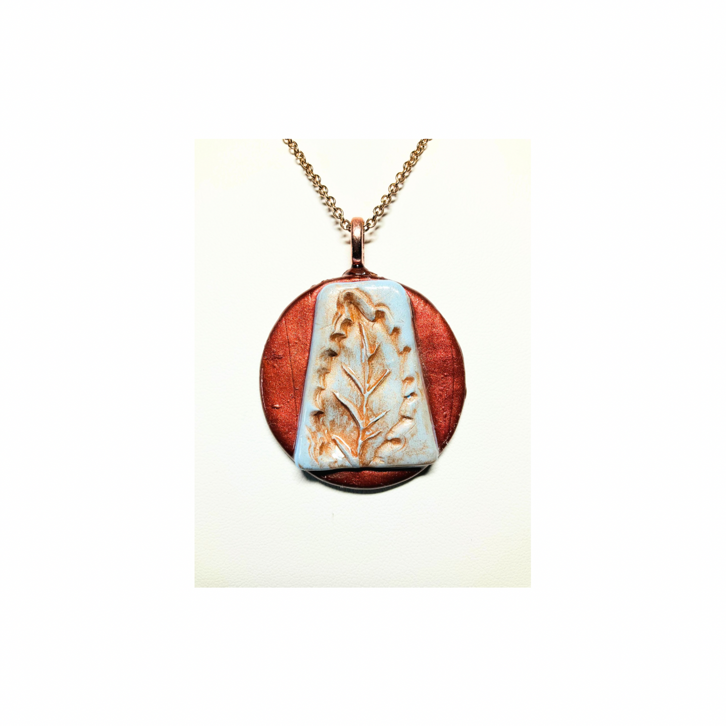 Layered Copper and Blue Leaf Stamped Pendant with  Bronze Chain Necklace