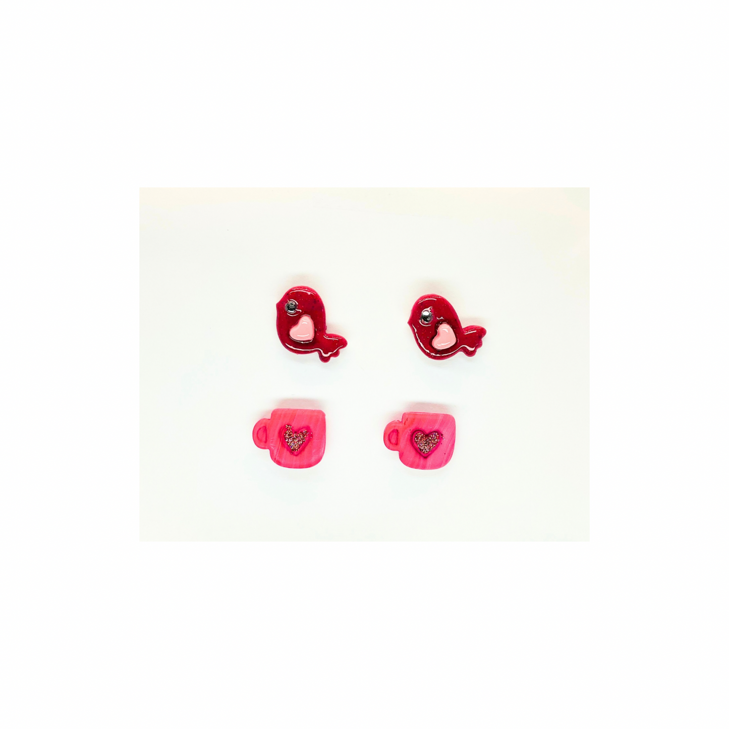 Pink Heart Birdie and Pink Cup Stud Earrings-Crafting By BB
