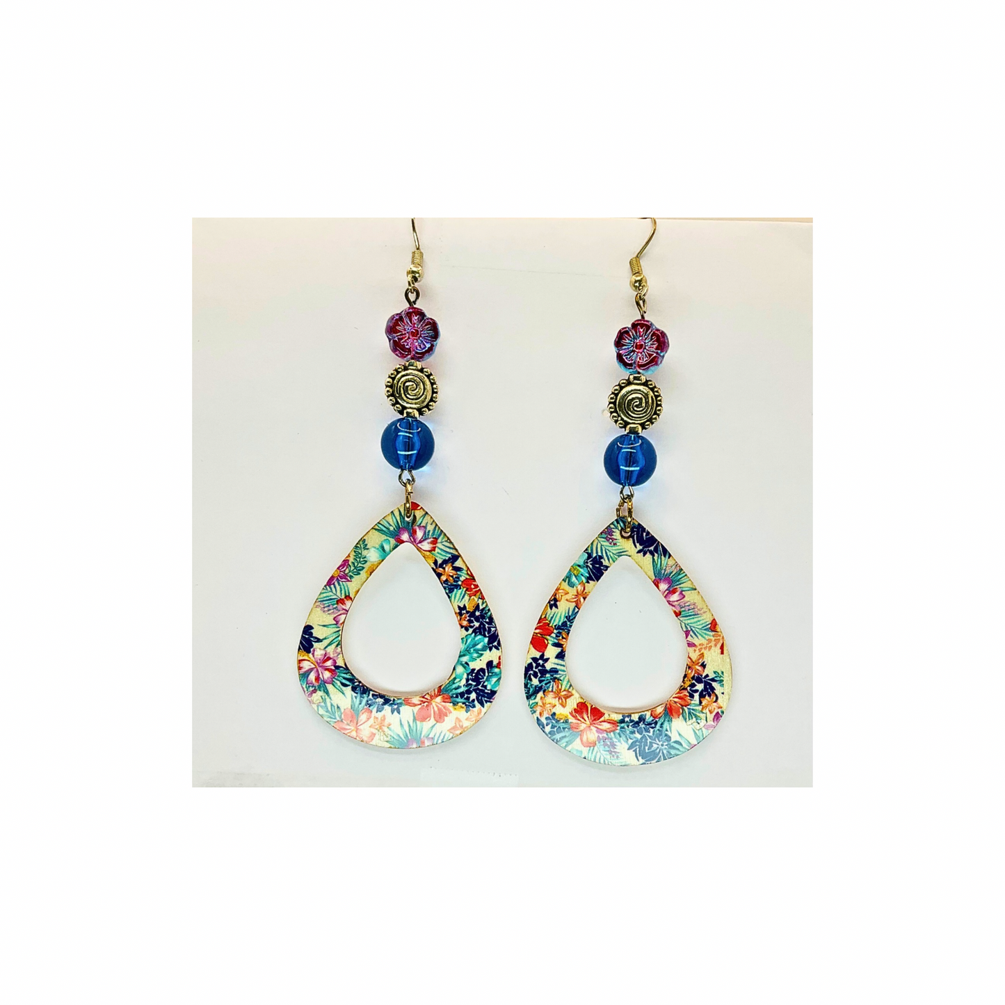 Wood Teardrop Floral Dangle with Bead Earrings-Crafting By BB