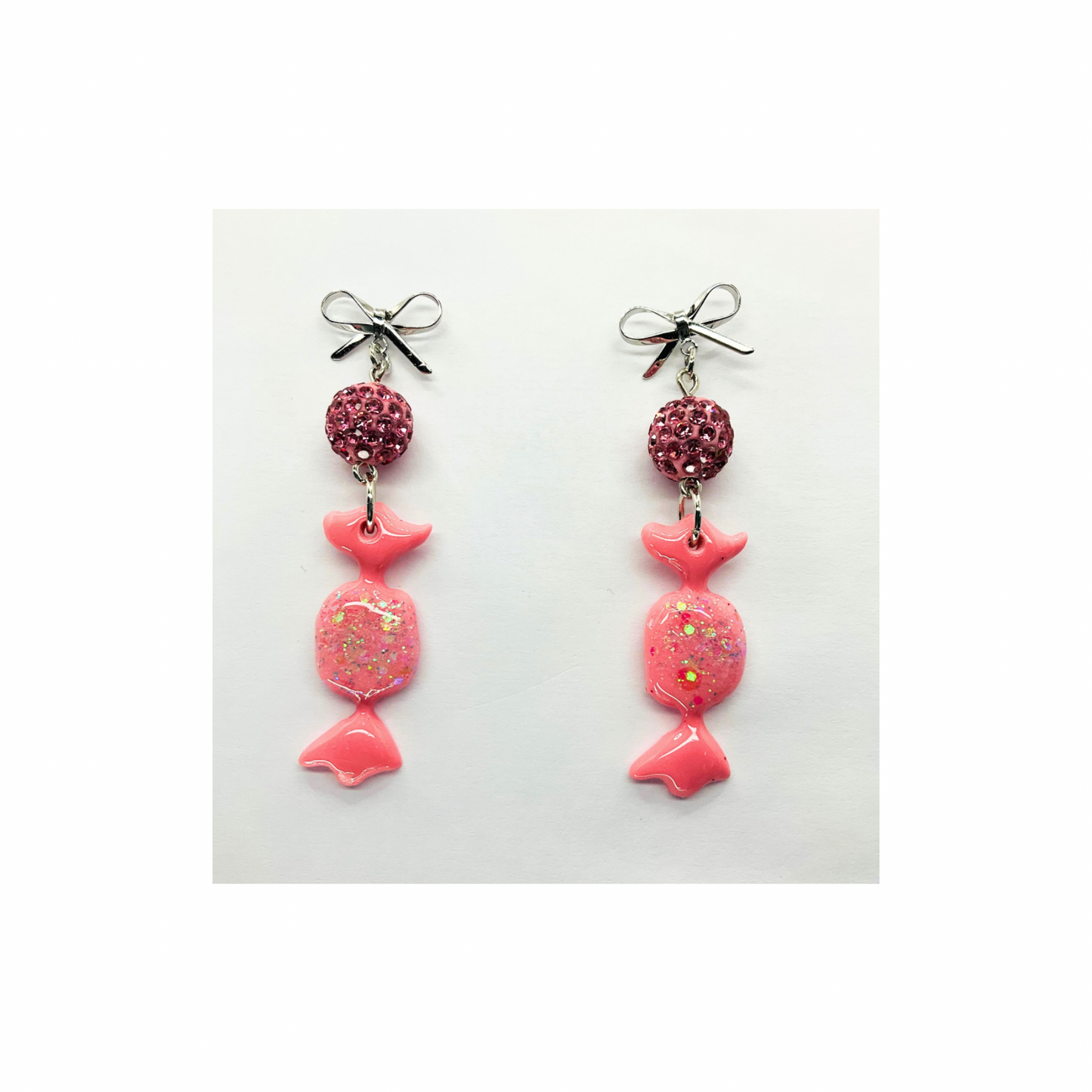 Pink Wrapped Candy Earrings with Sparkle Bead & Silver Stud Bow Dangle for Festive Wear