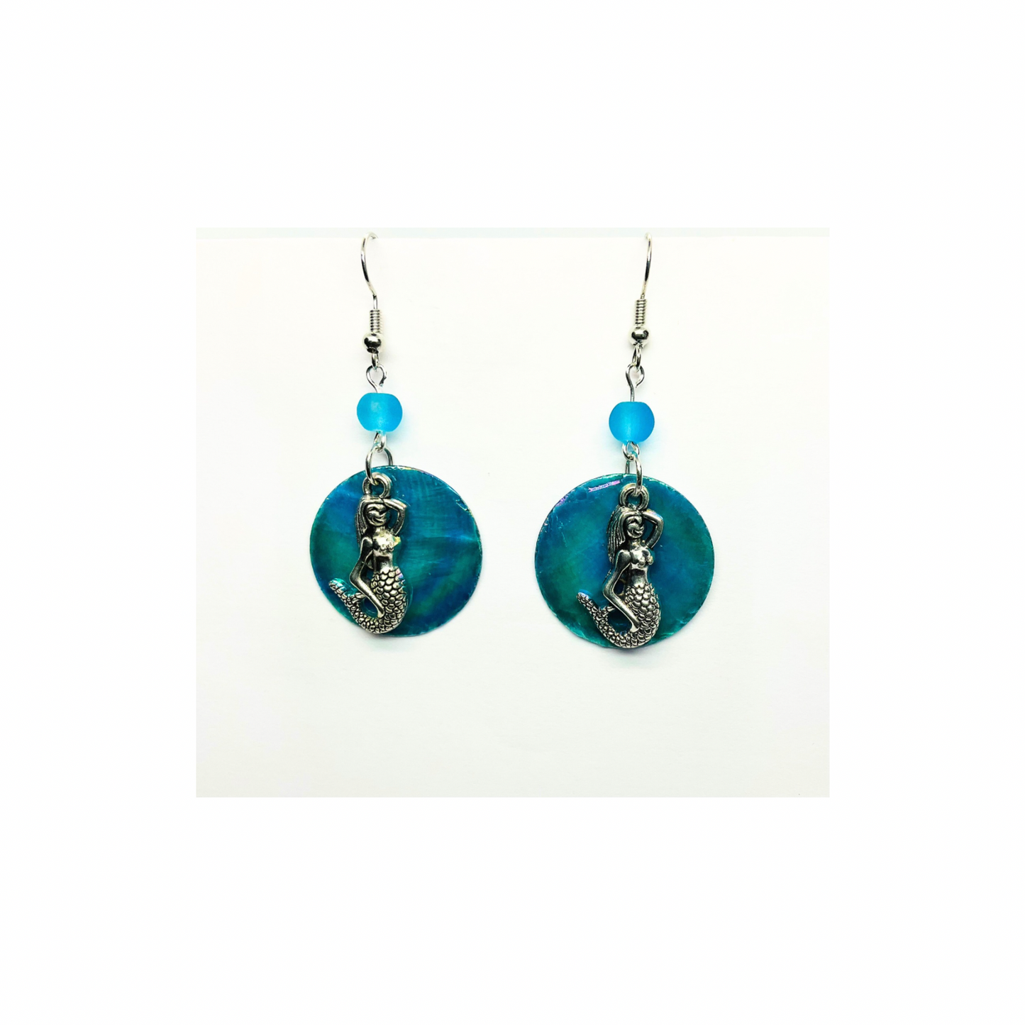 Ocean Collection Mermaid and Flat Shell Dangle Earring with Blue Bead Accent