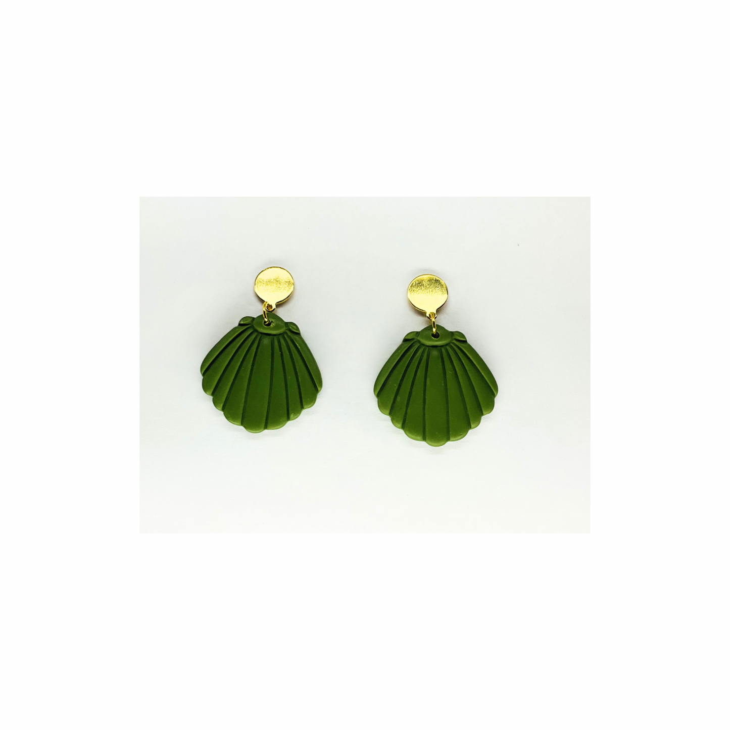 Olive Green Shell Dangle with Gold Button Stud Earrings-Crafting By BB