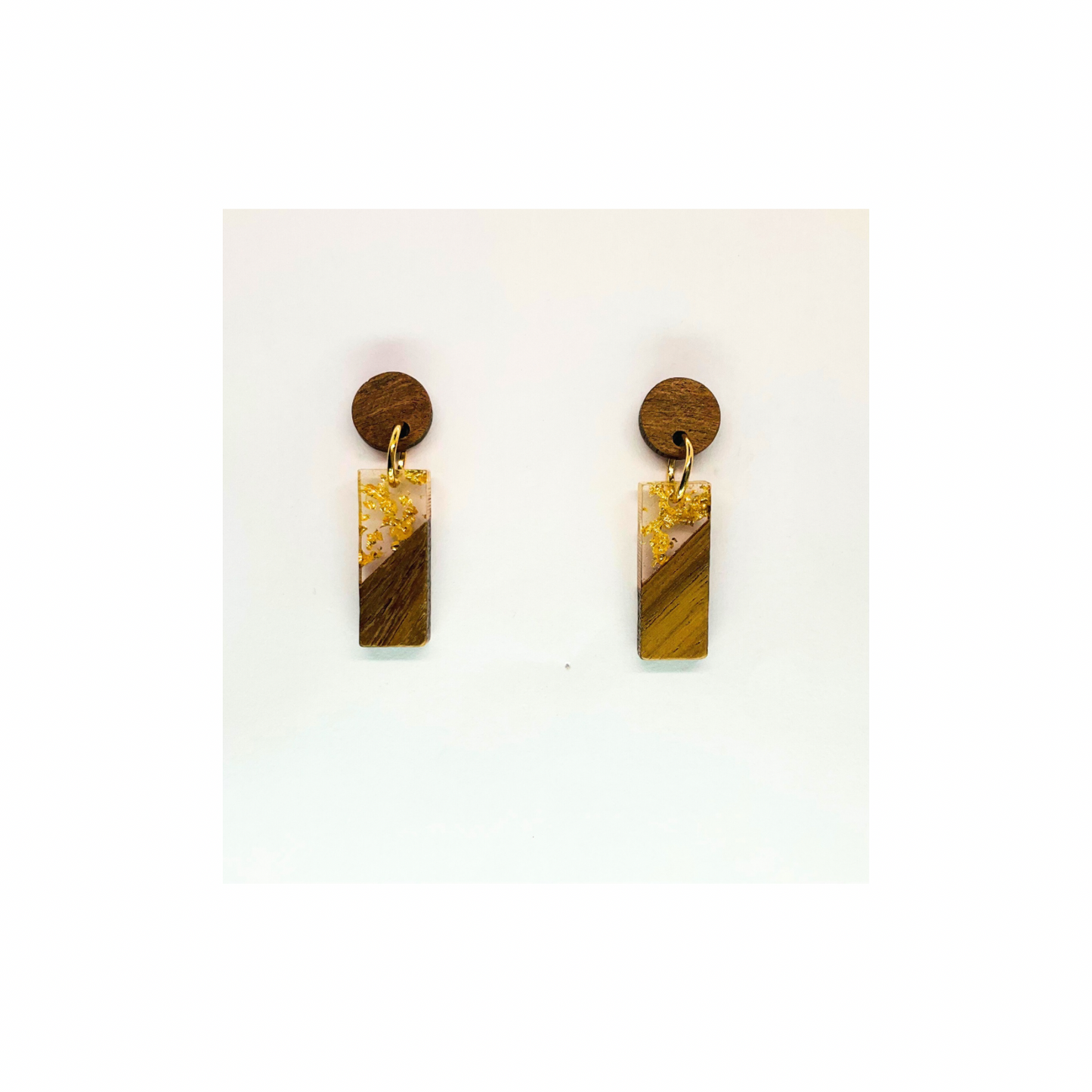 Boho Wood Collection Short Drop Rectangle Stud Earrings with Gold Accents and Wooden Discs