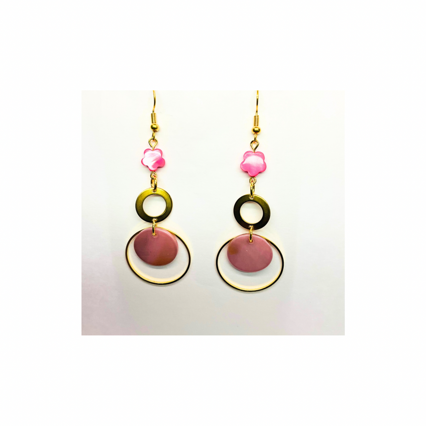 Pink Shell Collection Pink Circle with Gold and a Pink Bead Dangle Earrings for Female Fashion Jewelry