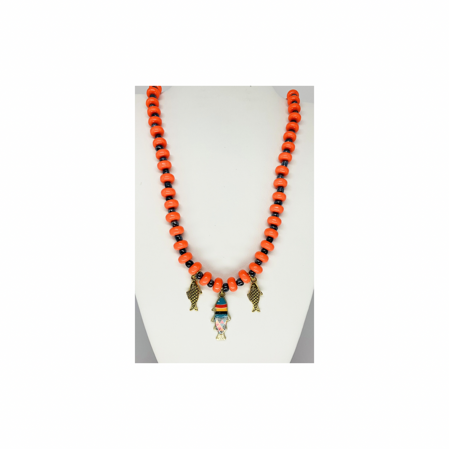Orange and Dark Navy Beaded Fish Necklace | 18-inch | Crafting By BB