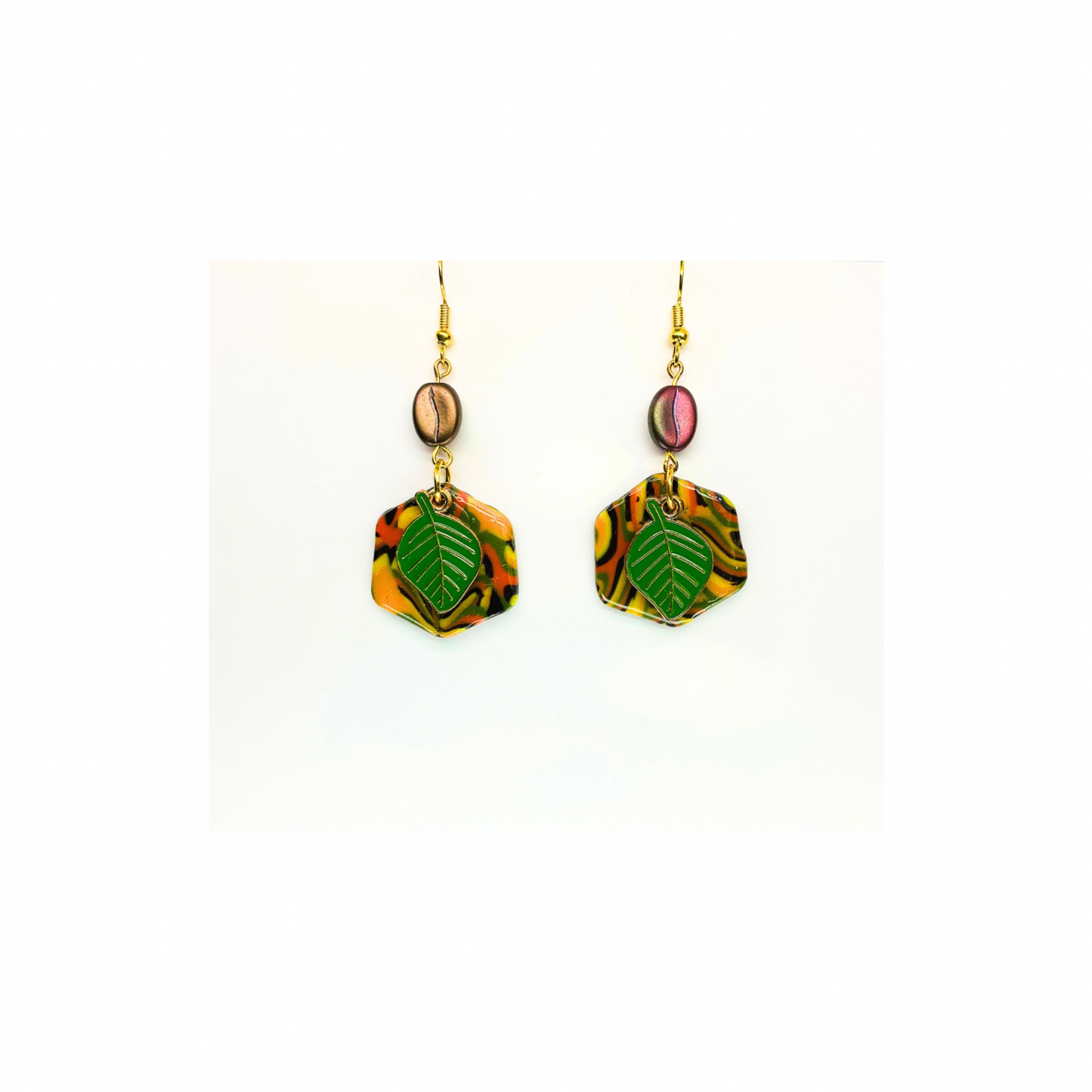 Fall Collection Deep Green Leaf Charm Dangle Earrings with Colorful Hexagon Design and Gold Hooks