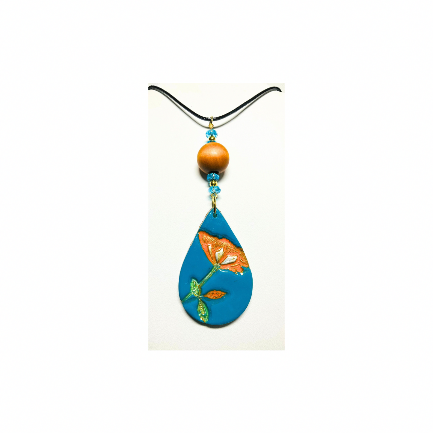 Turquoise Blue with Orange Flower Teardrop Pendant 18-inch Necklace - Unique Design Jewelry Piece