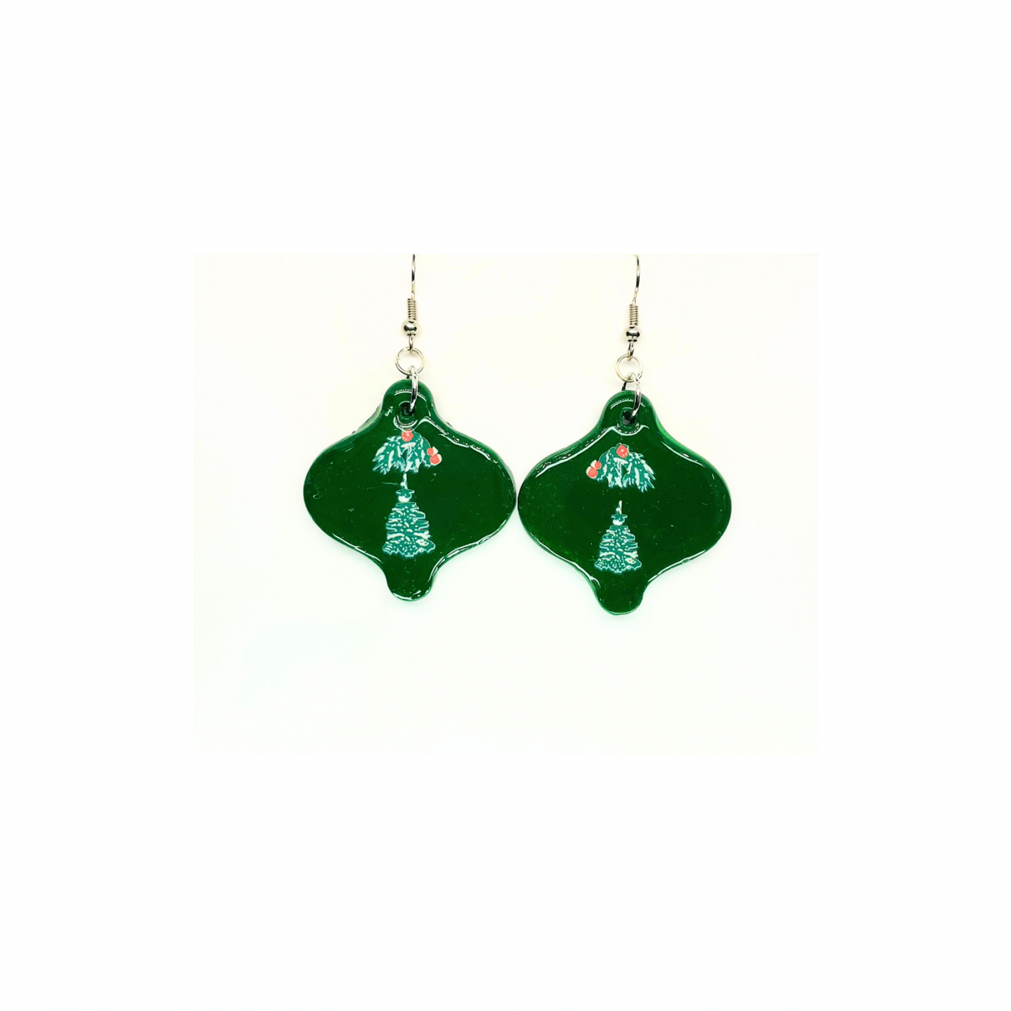 Christmas in July Collection Green Ornament with Tree Embellishment Dangle Earrings Festive Design
