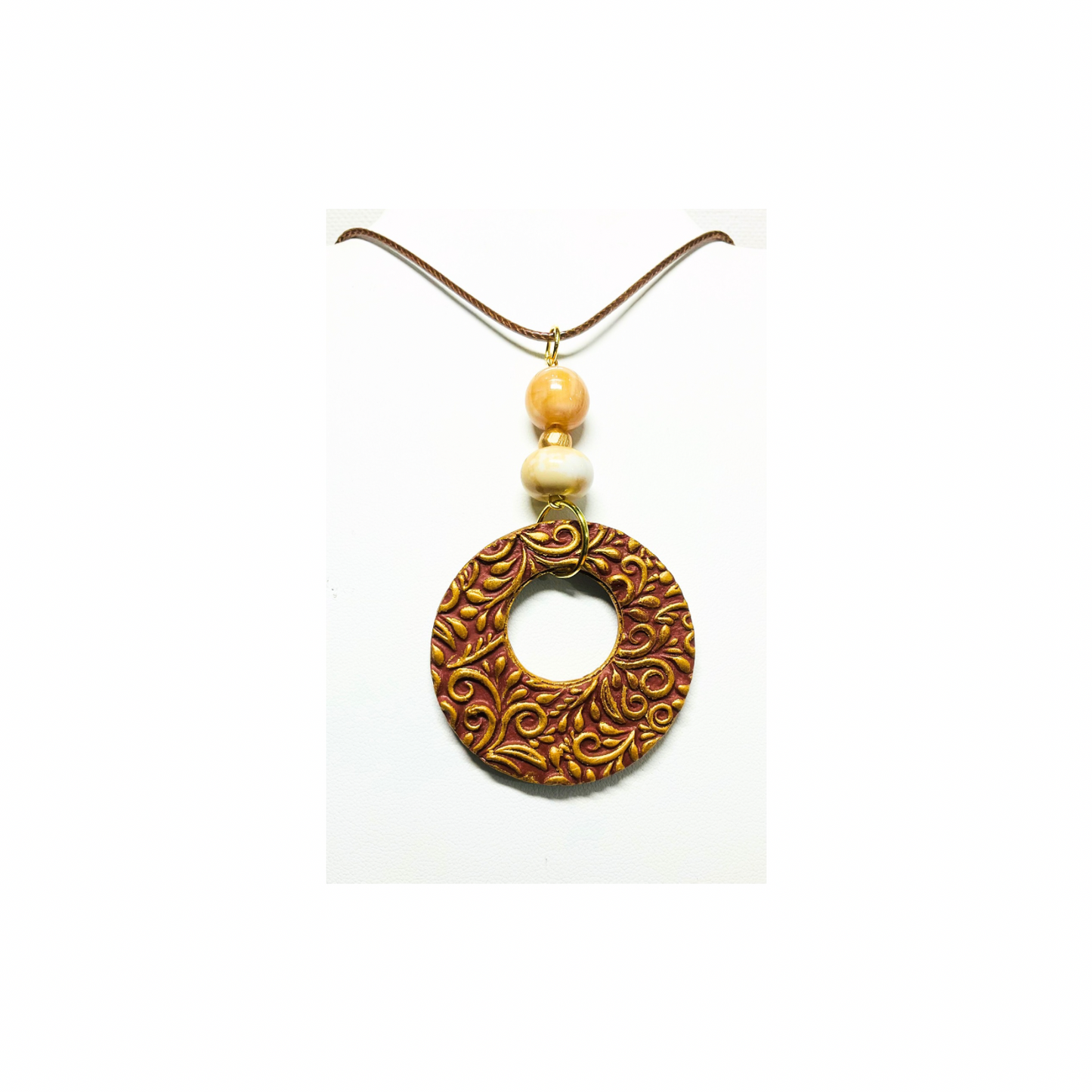 Burnt Sienna Pendant with Gold Accents and Beads on an Adjustable Rope Necklace in PU Leather Material - Elegant & Versatile Jewelry Accessory