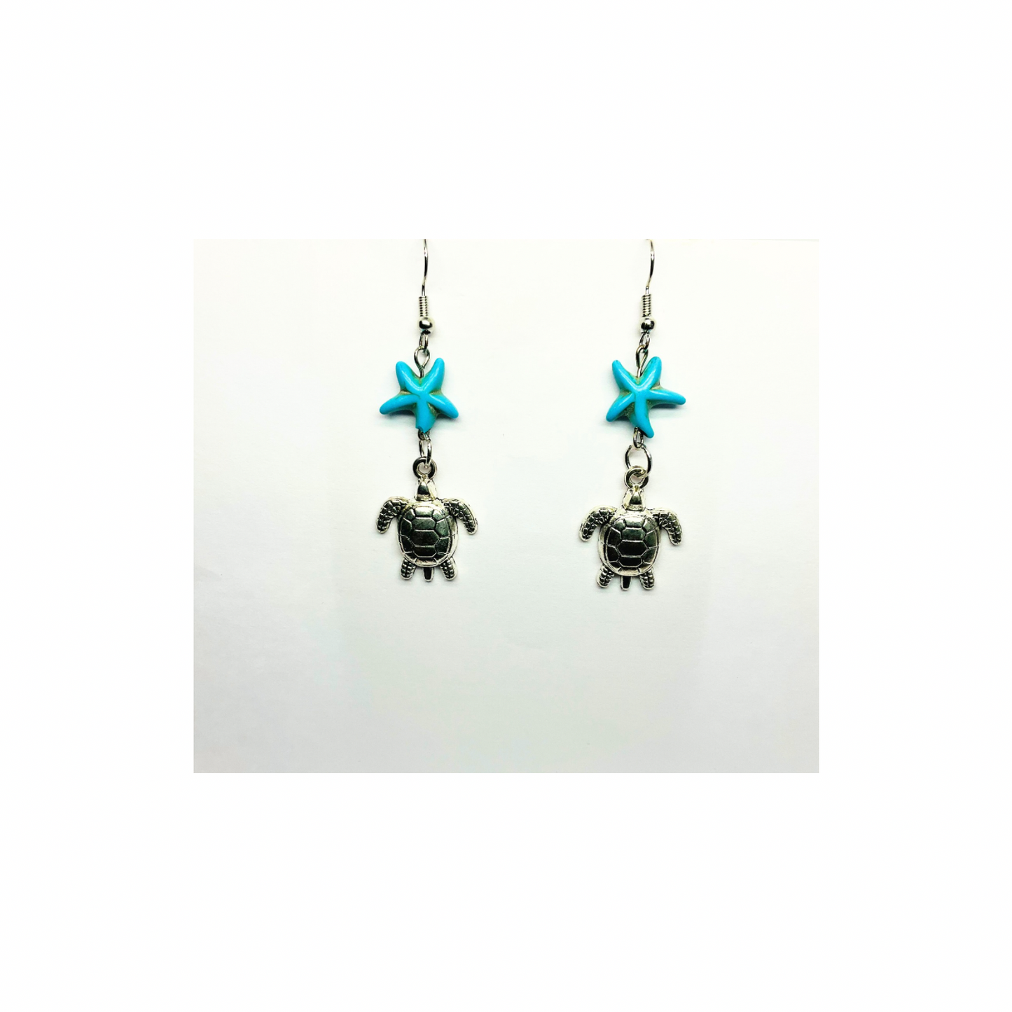 Ocean Collection Silver Turtle with Starfish Dangle Earring - Blue Starfish Accents