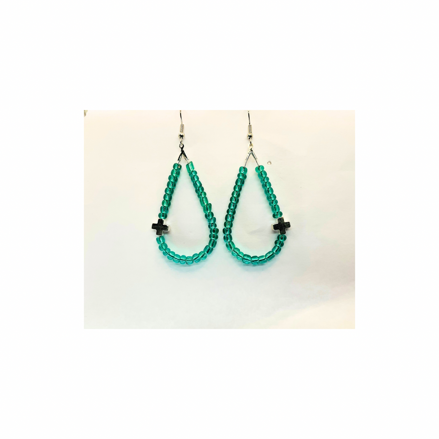 Teardrop  Glass Turquoise Seed Beads with a Silver Cross