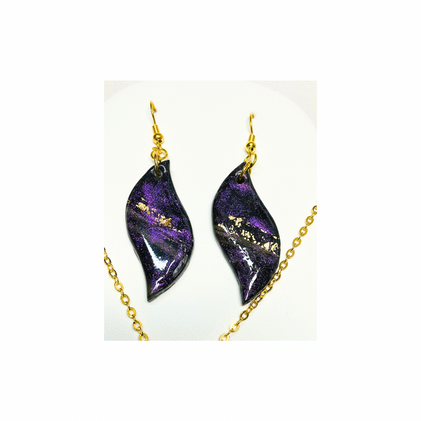 Purple Swirl Earring Set Handcrafted Polymer Clay Pendant & Earrings Gold Leaf Accents