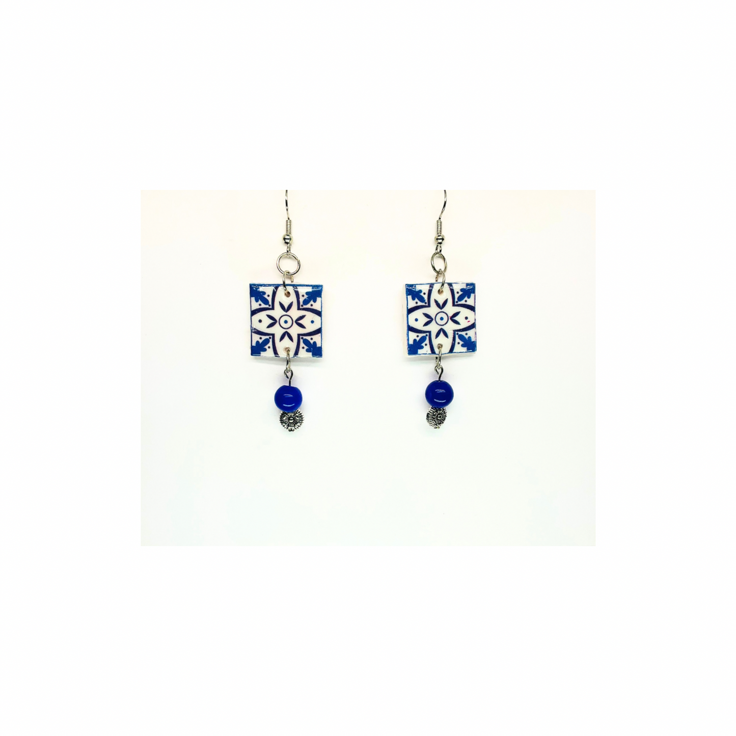 French Garden Collection Blue White Ceramic Tile Earrings with Blue Bead Dangle for Women Elegant Design Versatile Stylish Accessory