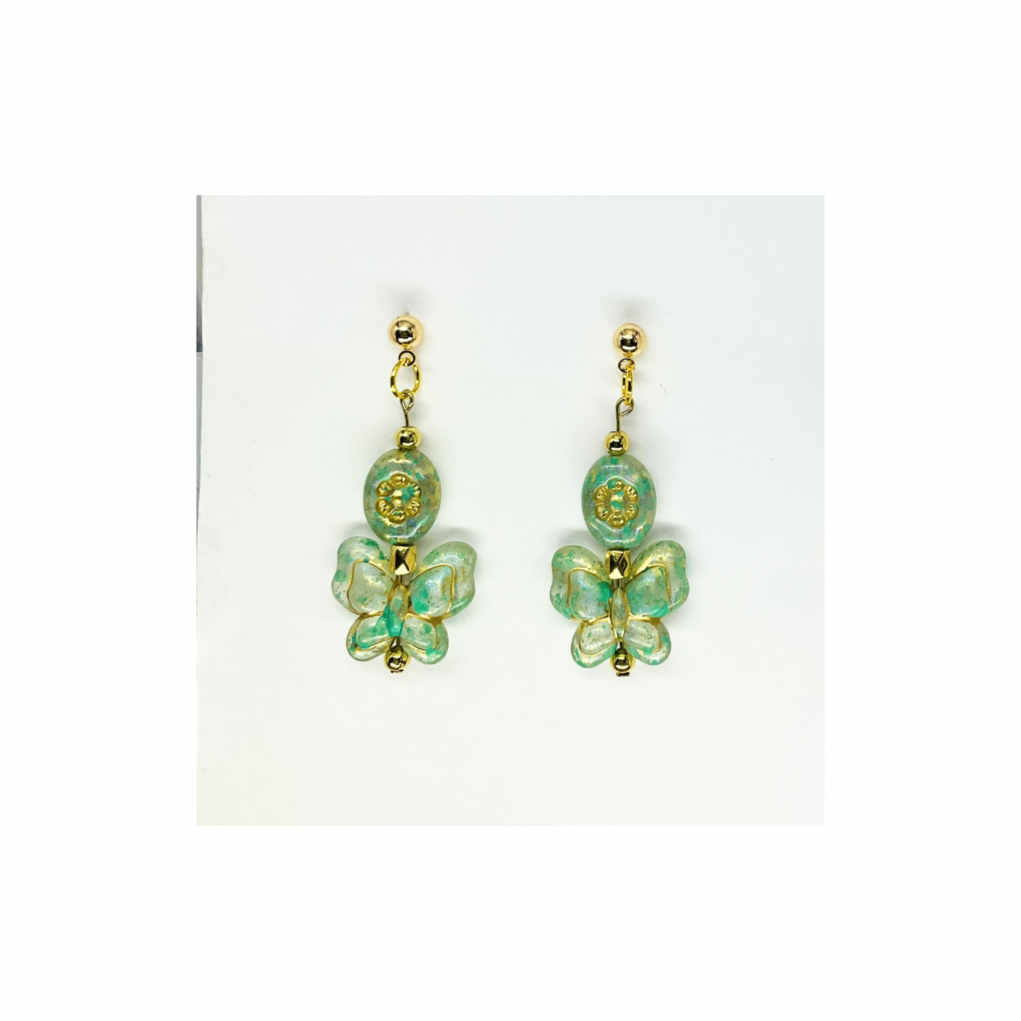 Green and Gold Bohemia Czech Butterfly Beads with Gold Ball Stud Dangle Earrings-Crafting By BB