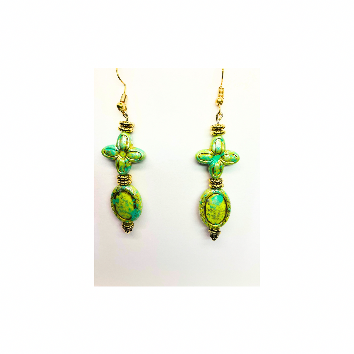 Green and Gold Czech Acrylic Vintage Blossom Bead Earrings