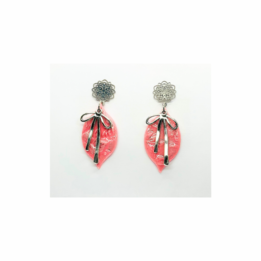 Pink Ornament with Silver Bow and Filigree Stud Dangle Earrings for Women's Fashion Accessories