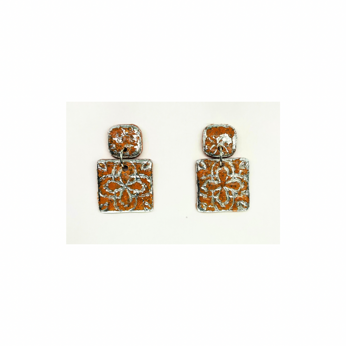 Terracotta Tile Stud Earrings for Women - Square Design with Orange and Silver Patterns Elegant Everyday Wear Jewelry