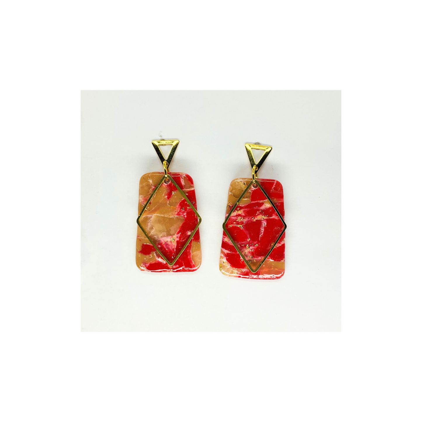 Red and Gold Dangle with Gold Triangle Stud Earrings-Crafting By BB