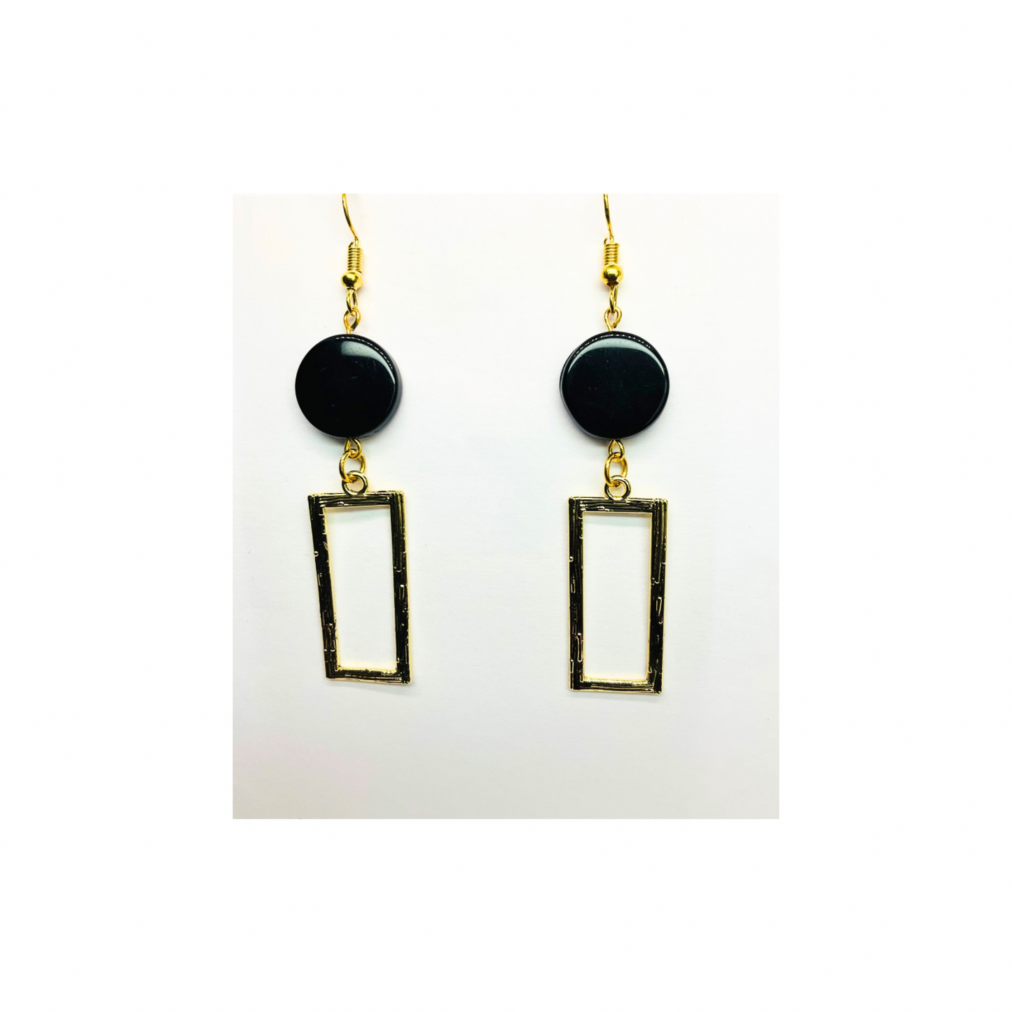 Eclipse Collection Black Button Gold Rectangle Dangle Earring with Unique Design Elements for Women's Fashion Jewelry
