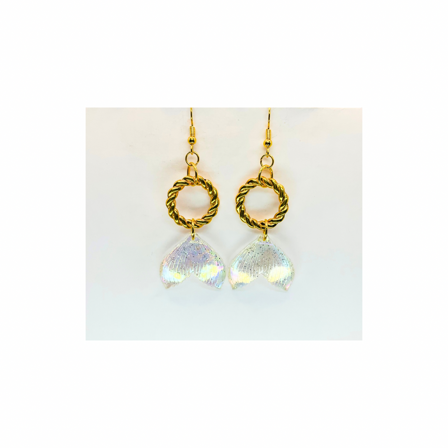 Mermaid Iridescent Tail Earrings with Gold Rope Circle Dangle