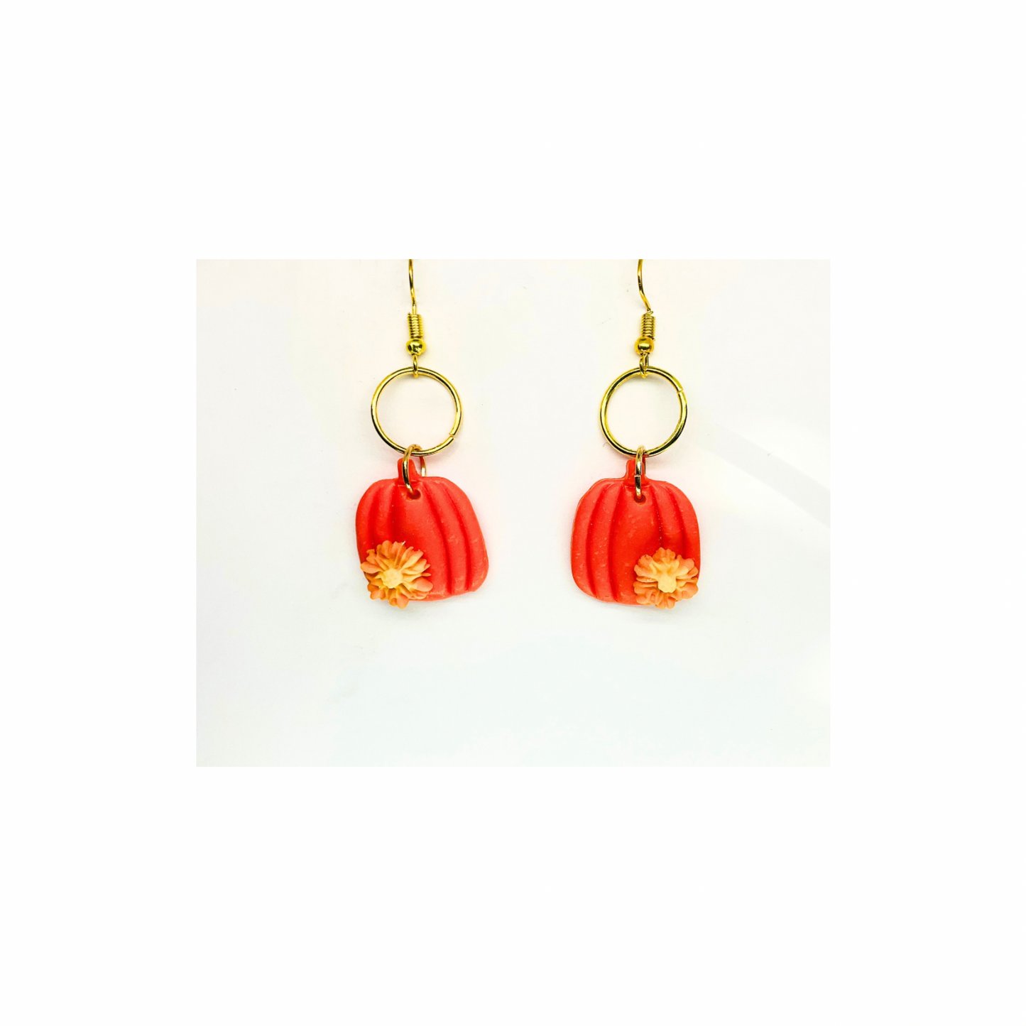 Fall Collection Orange Pumpkin with Small Flower and Circle Gold Dangle Earring - Unique Design Jewelry Accessory
