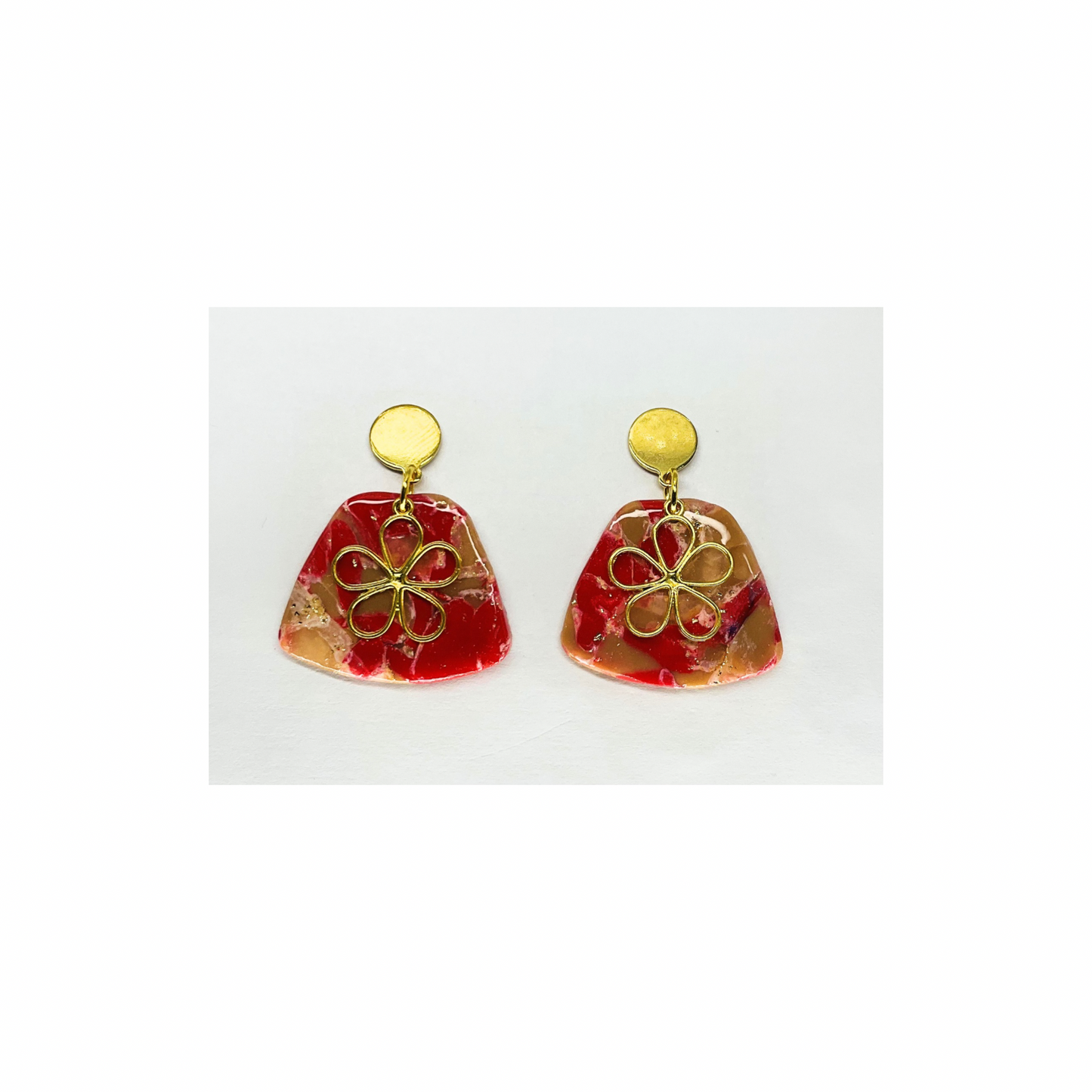 Red and Tan Dangle with Gold Charm and Gold Button Stud Earrings-Crafting By BB