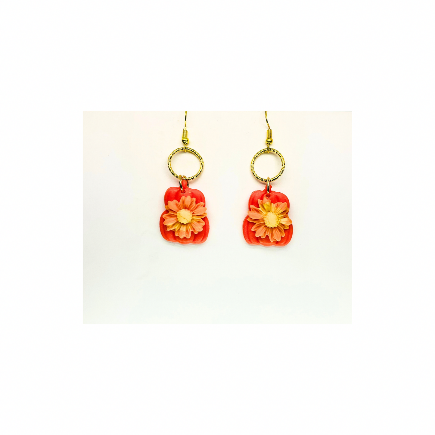 Fall Collection Orange Stacked Pumpkins with Large Flower Dangle Earring