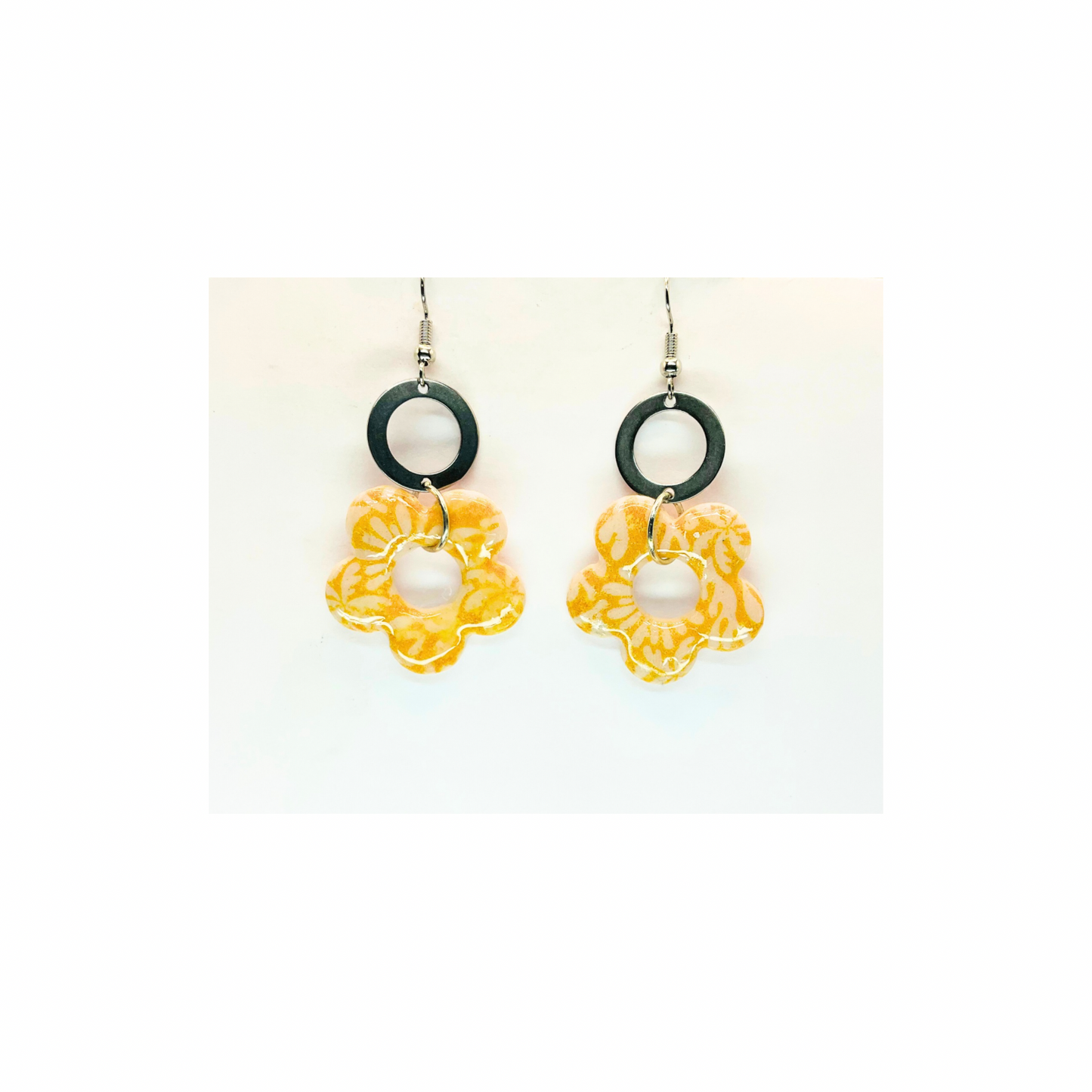 Beach Bloom Collection Yellow Flower Dangle with Silver Circle Earrings
