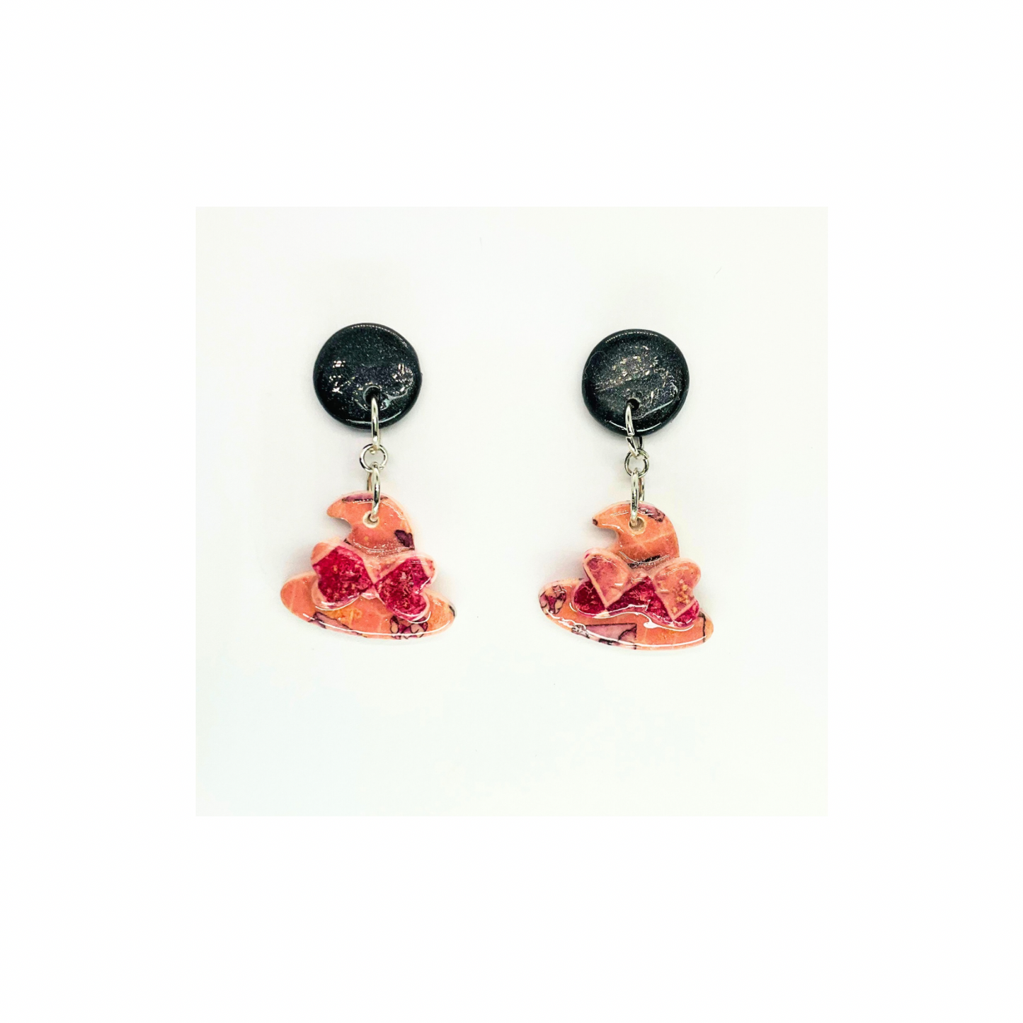 Wizard Collection Pink and Black Witch Hat Dangle Earrings with Unique Design Elements