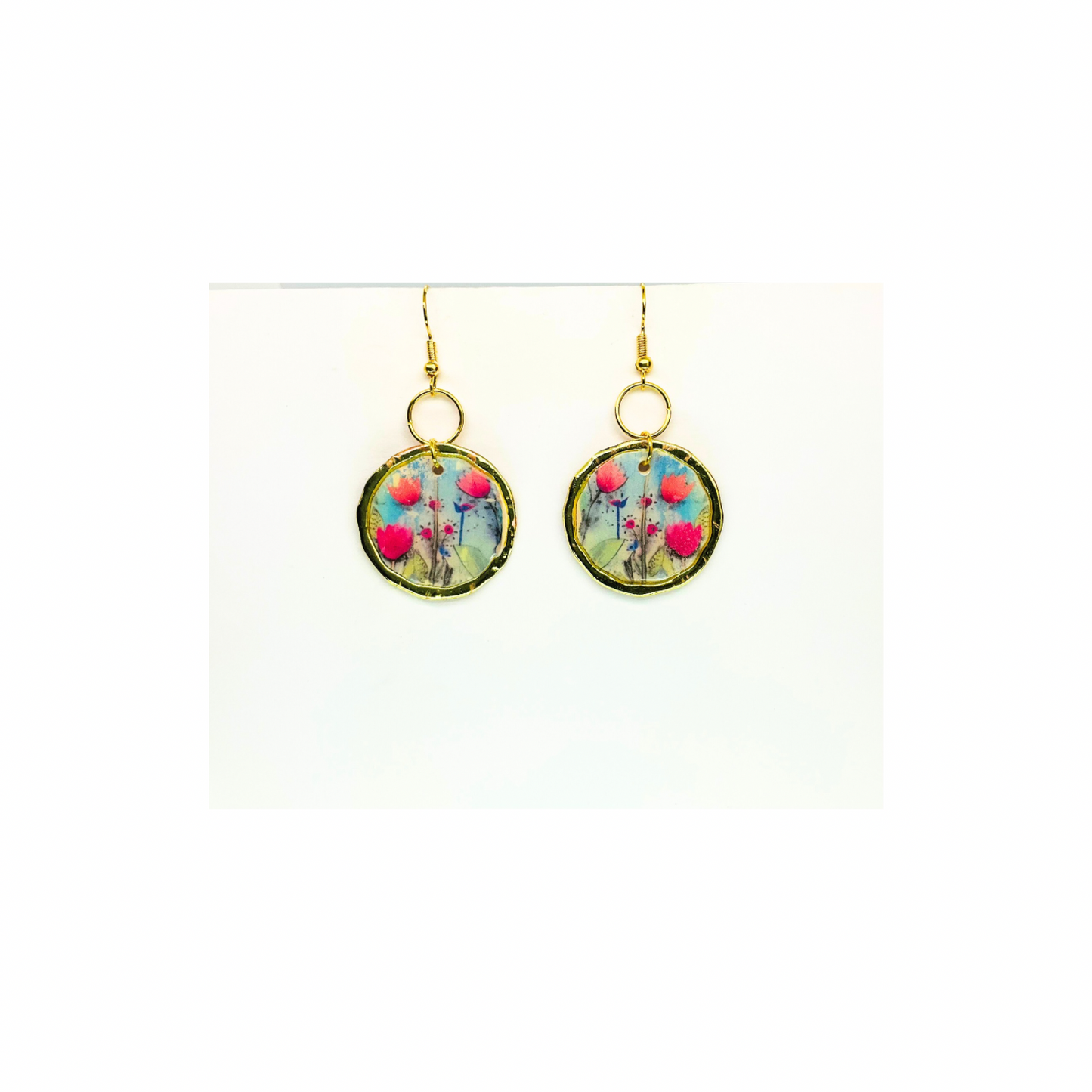 French Garden Collection Gold Round Floral Dangle Earring with Vibrant Pink and Blue Flowers for Elegant Looks