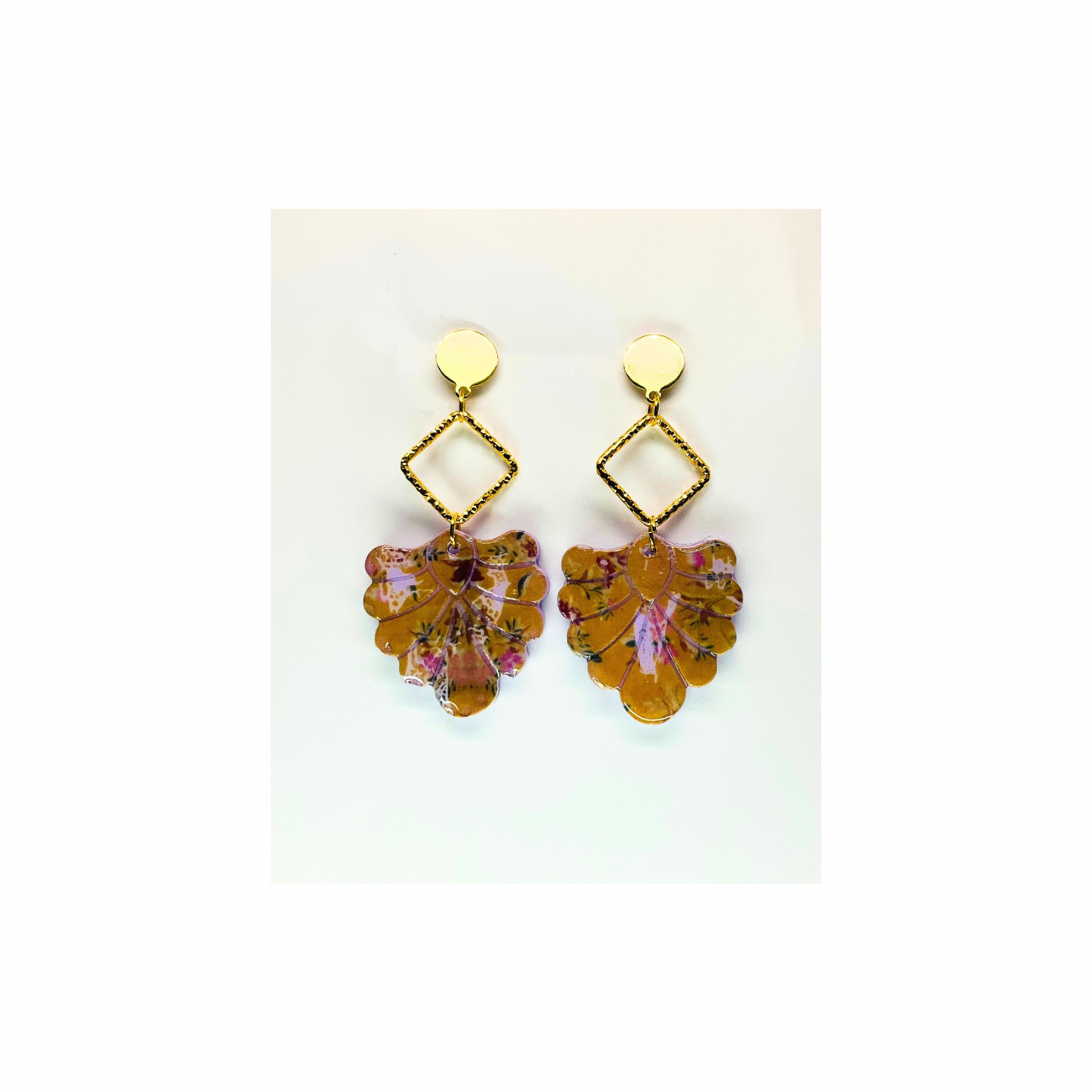 French Garden Beige and Purple Dangle with Gold Stud Earrings