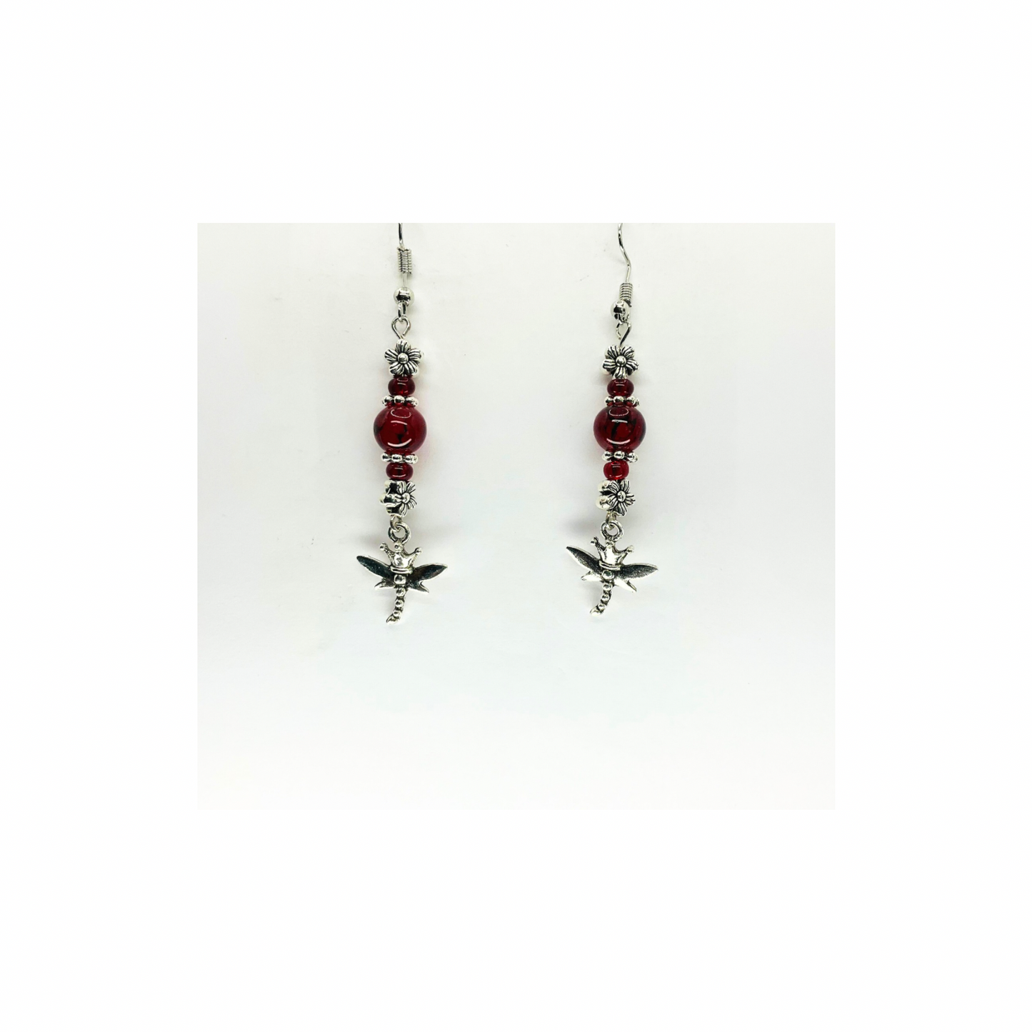 Red Crystal Glass Bead Dangle with Silver Dragonfly