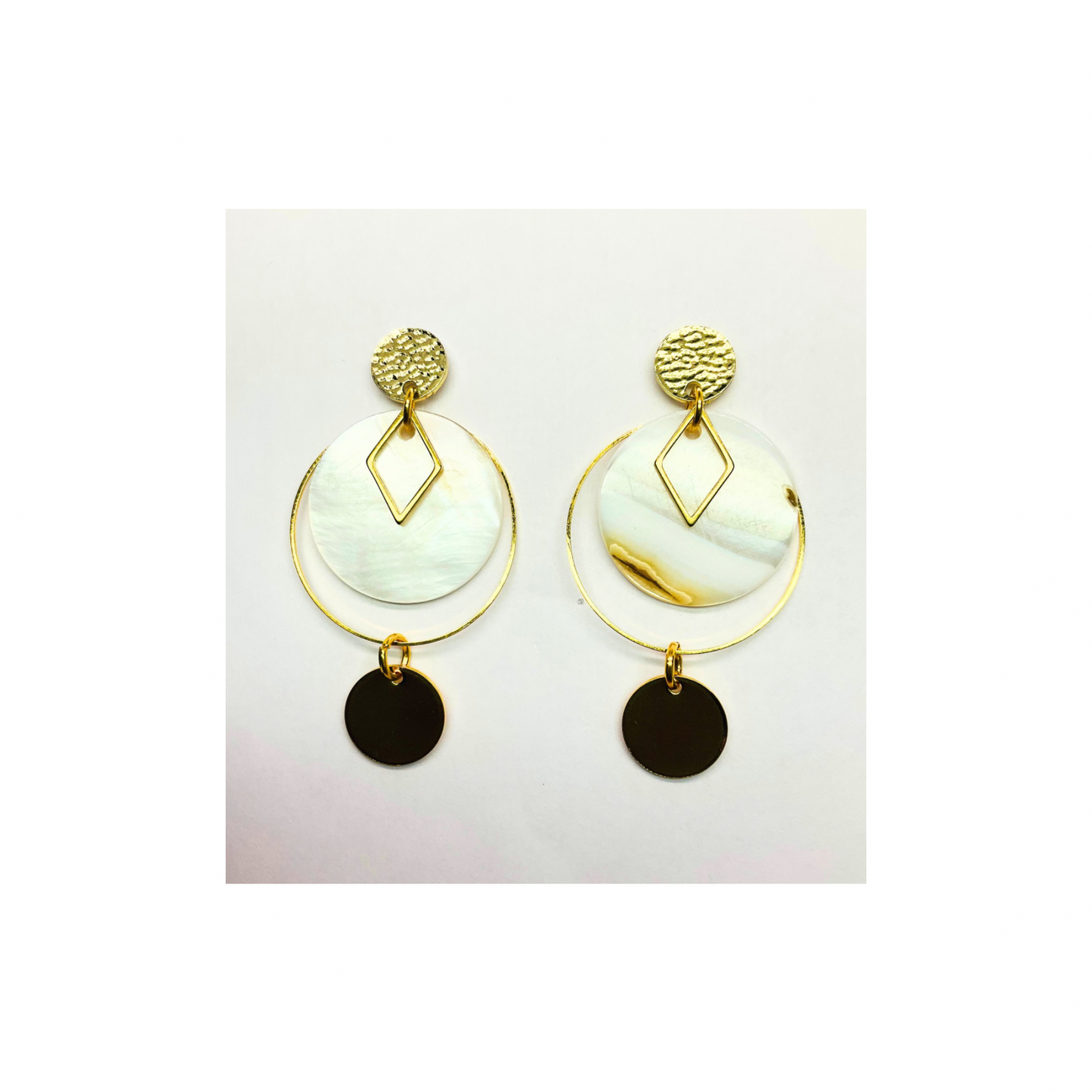 Spot Cream and Gold Collection Dangle Earrings for Female with Geometric Design and Circular Elements