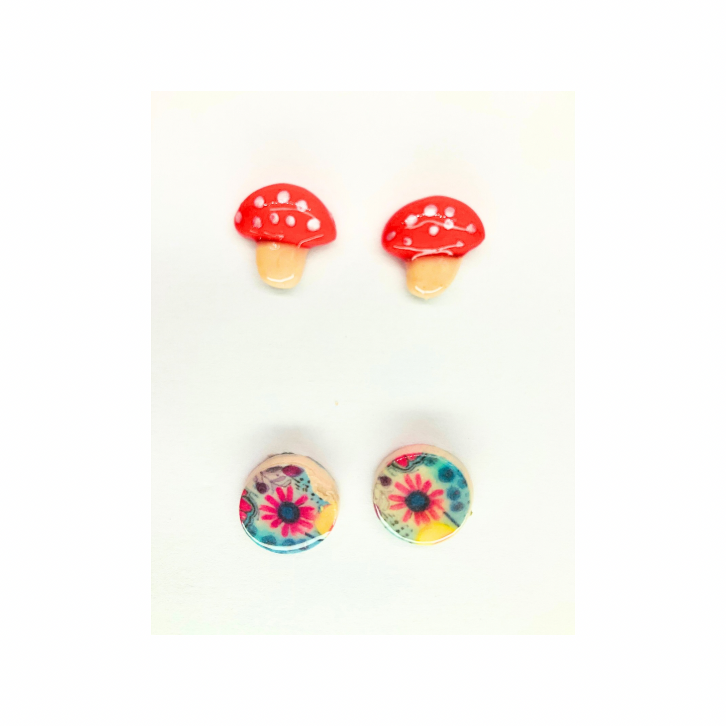 Fall Collection Mushroom and Flower Stud Earrings - Red and White Design
