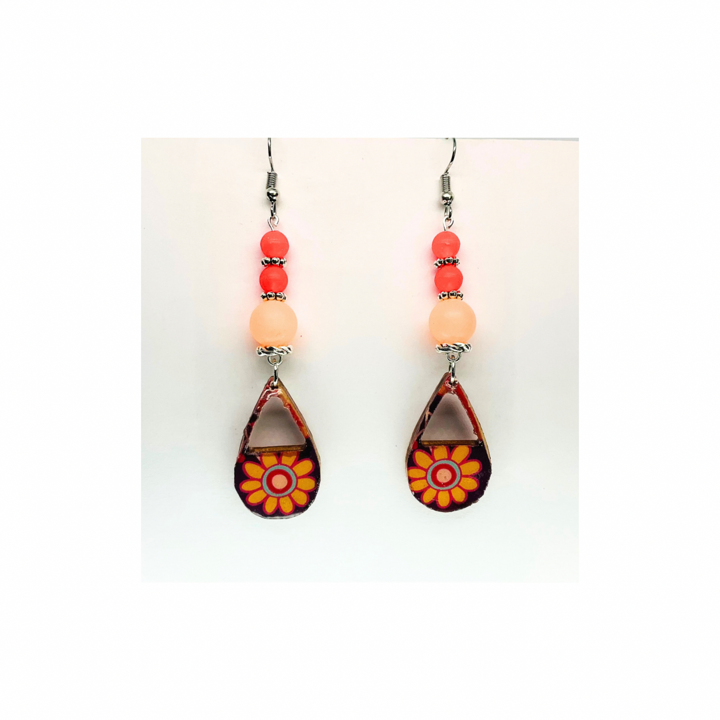 Bohemian Style Dangle Earring Handmade Wood Teardrop Decoupage Retro Paper Beads Orange & Silver Ear Wire Unique Artisan Jewelry