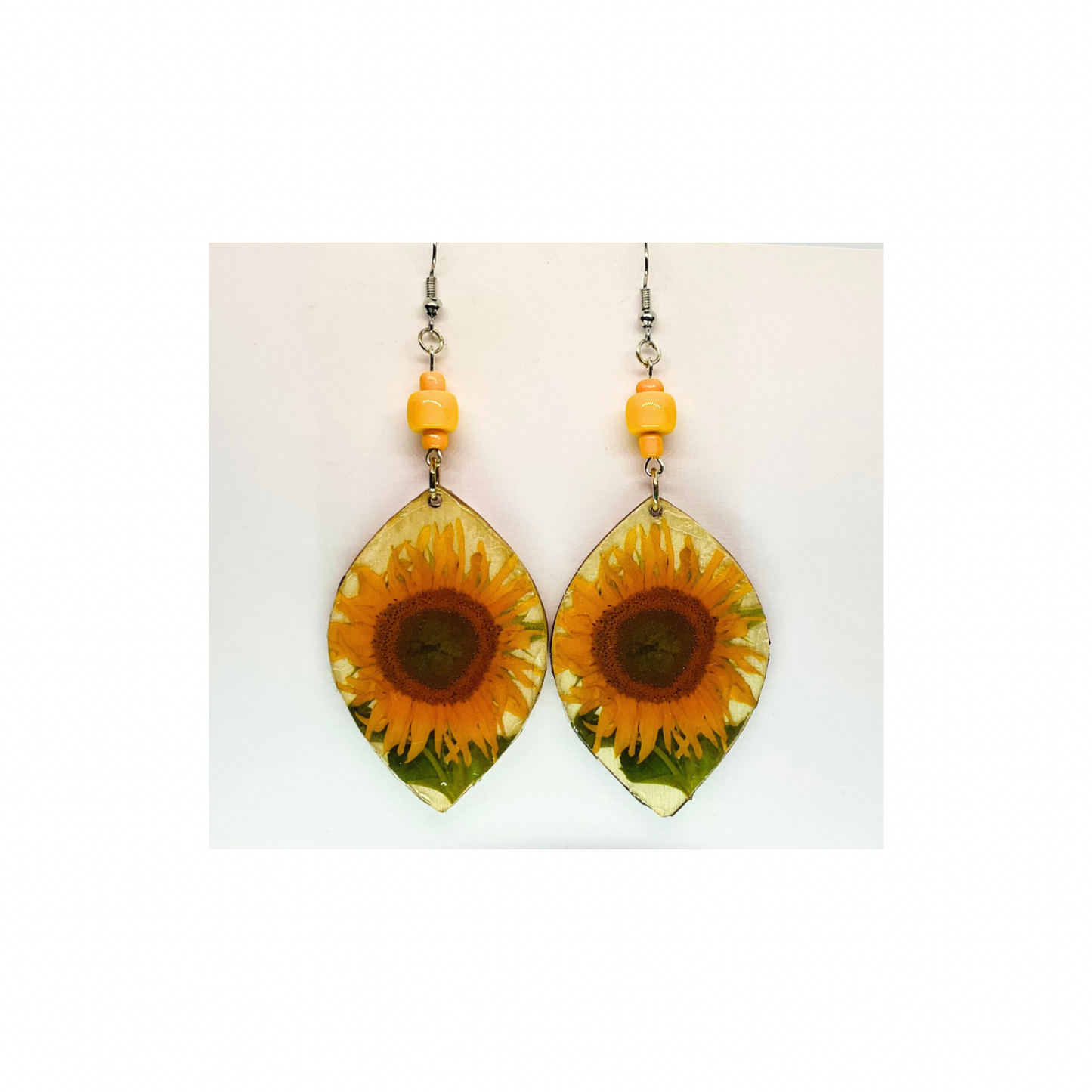 French Garden Collection Teardrop Wood Sunflower Dangle Earring with Yellow Beads and Silver Hooks