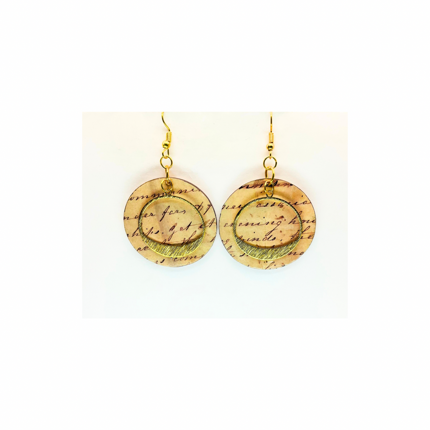 Dangle Earrings Round Wood with Tarnished Gold Circle Embellishment