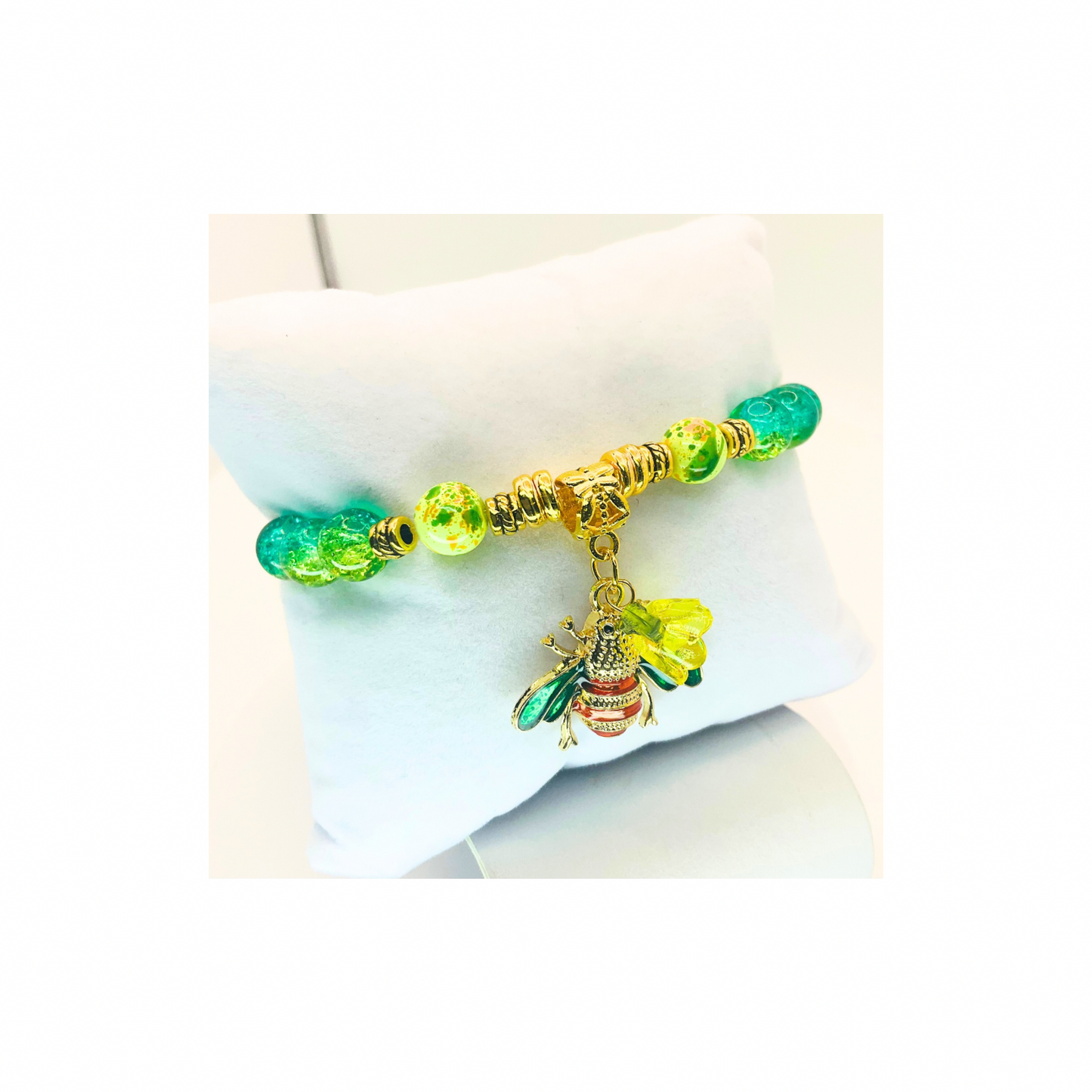 Green Crystal and Gold Beaded Bracelet with Bee Charm-Crafting By BB