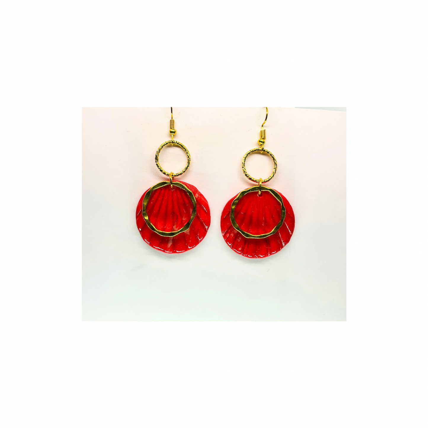 Christmas in July Collection Round with Gold Round Accent Dangle Earrings Red Translucent Design