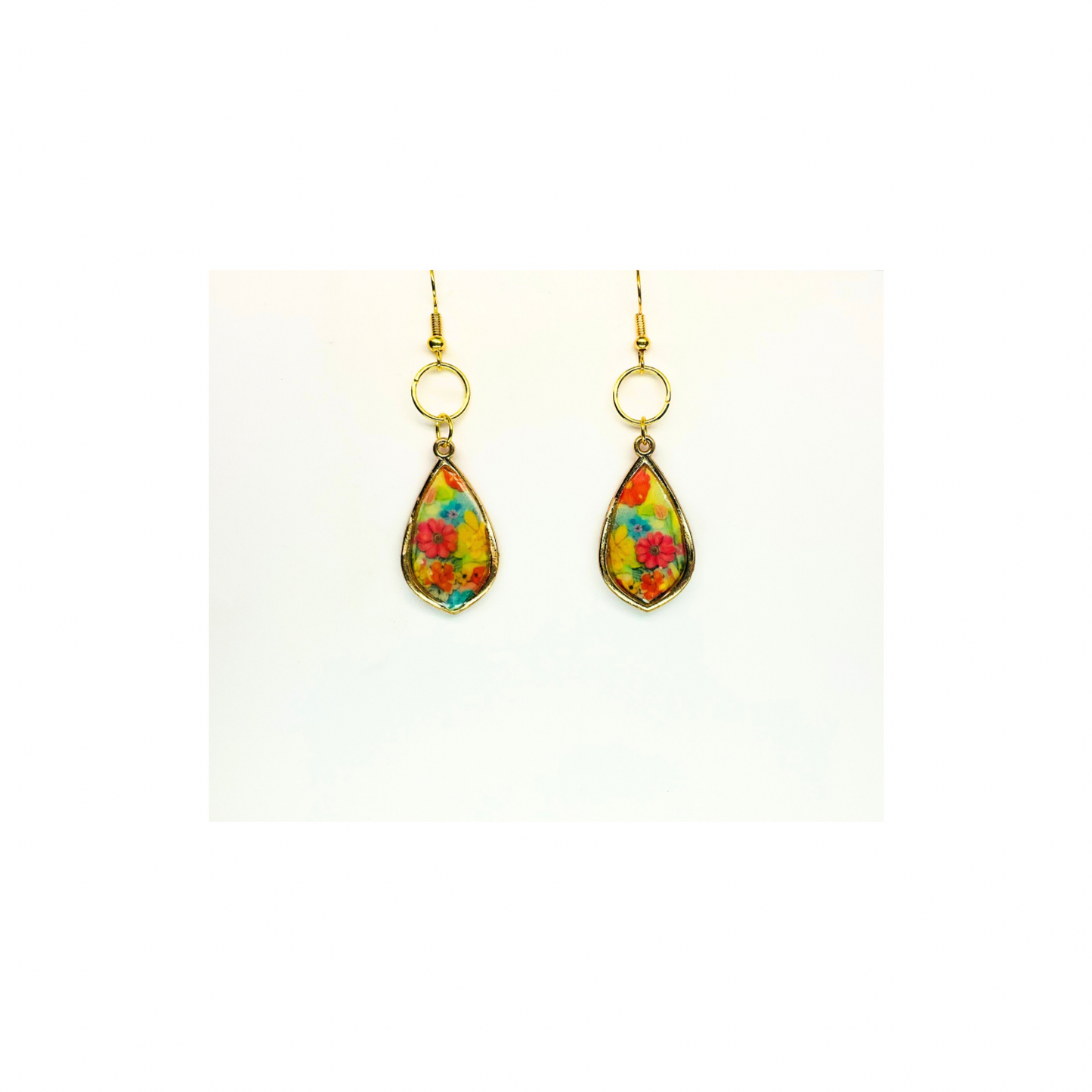 French Garden Collection Gold Teardrop Floral Dangle Earring with Vibrant Multicolor Flowers and Elegant Gold Finish