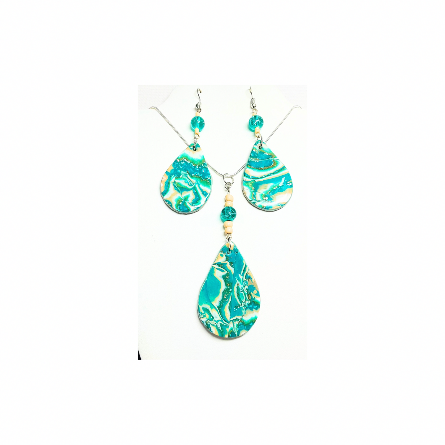 Faux Oyster Turquoise Necklace & Earring Set - Handmade with Polymer Clay & Beading, Unique Design